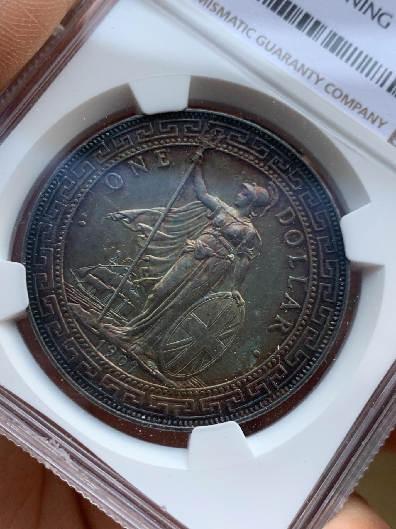 《竞宝斋》第446场 周日，周一，2场连拍 （全场包邮） NGC UNCD 英国1907B年站洋银币 包浆漂亮