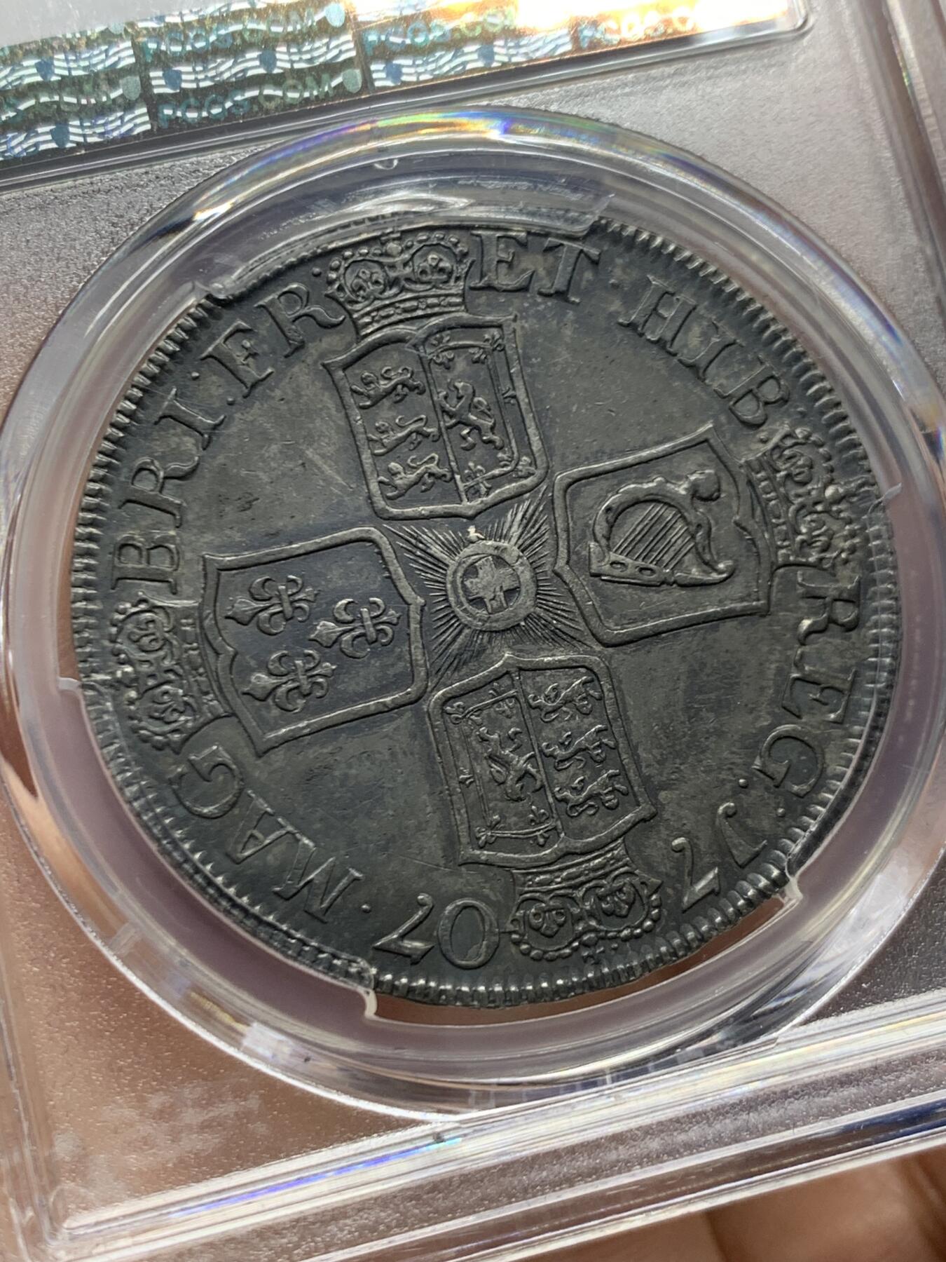 《竞宝斋》第446场 周日，周一，2场连拍 （全场包邮） PCGS AU53 英国1707年英国安妮女王克朗银币（越来越贵的品种，PC亚军分！）