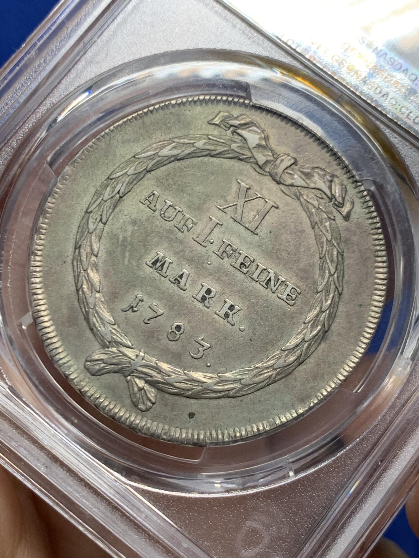 《竞宝斋》第446场 周日，周一，2场连拍 （全场包邮） PCGS AU53 瑞士1783年苏黎世双狮徽章1泰勒银币，原味状态稀少版本，克书XF标价625刀