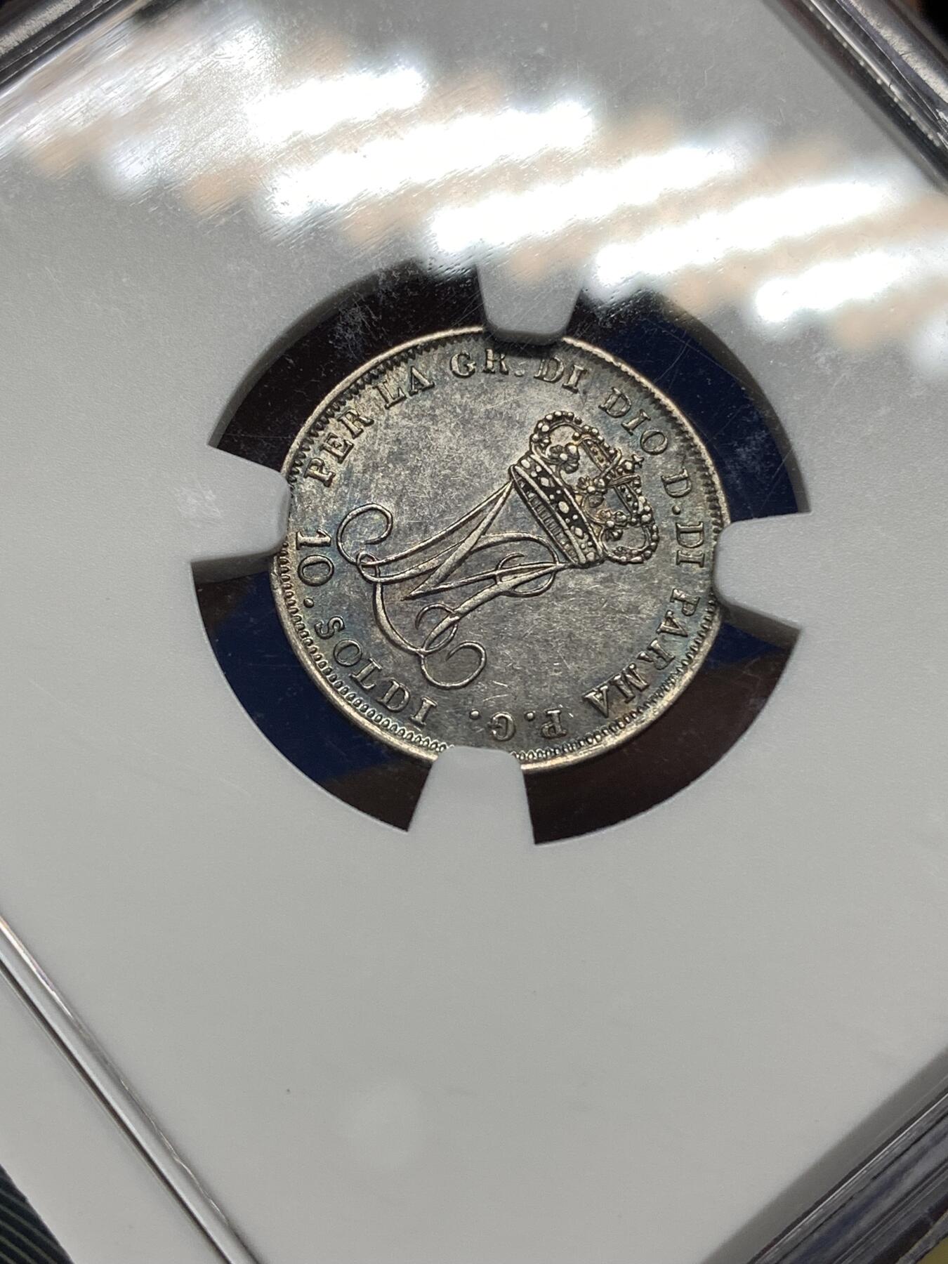 《竞宝斋》第446场 周日，周一，2场连拍 （全场包邮） NGC AU53 帕尔马公国 1815年 10索尔 银币 玛丽路易丝（拿皇妻子）在位时期发行 温润原光 细节极佳 已有淡彩包浆 拿系币必备 稀缺热门品种