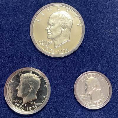 回流1208 - 原盒精制银币 美国1976年建国200年纪念银币三枚套装 精制币 艾森豪威尔、肯尼迪、华盛顿总统