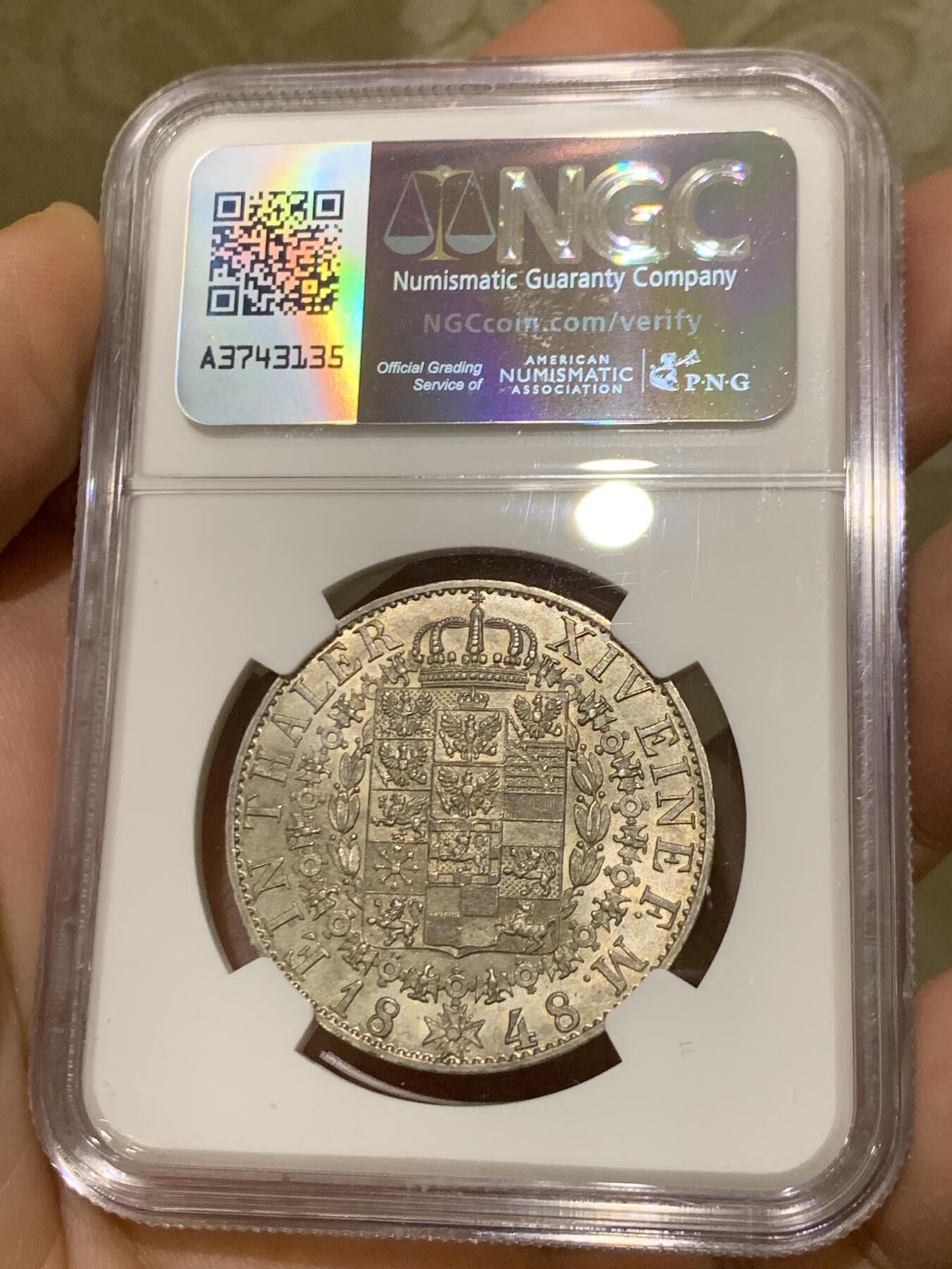 《竞宝斋》第446场 周日，周一，2场连拍 （全场包邮） 冠军分 NGC MS63 德国 1848年 普鲁士  腓特烈·威廉四世 泰勒银币 顶级状态