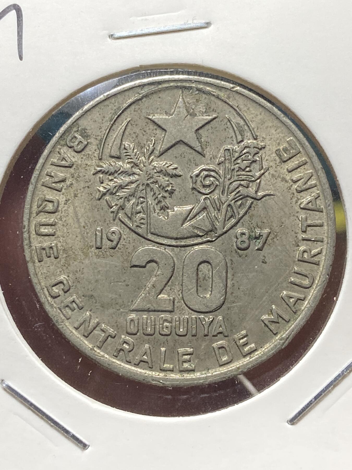 2025年第一百三十四场(总第一百六十场）外国好品纸夹散币场(免佣金) 背面年份处有小伤–毛里塔尼亚🇲🇷1987年20乌吉亚(第一套第一版，铜镍材质无磁版)