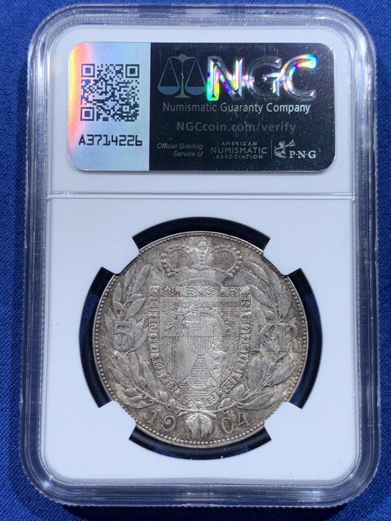 《竞宝斋》第446场 周日，周一，2场连拍 （全场包邮） NGC MS63 列支敦士登1904年约翰二世亲王5克朗银币 深包浆带底光 高分确实少见 标签年份错误