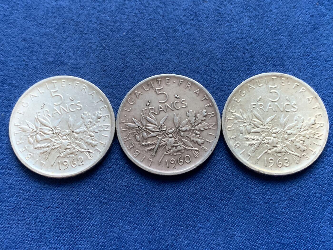 《竞宝斋》第446场 周日，周一，2场连拍 （全场包邮） 三枚一组 法国1960/1962/1963年播种女神5法郎银币 总重约36克