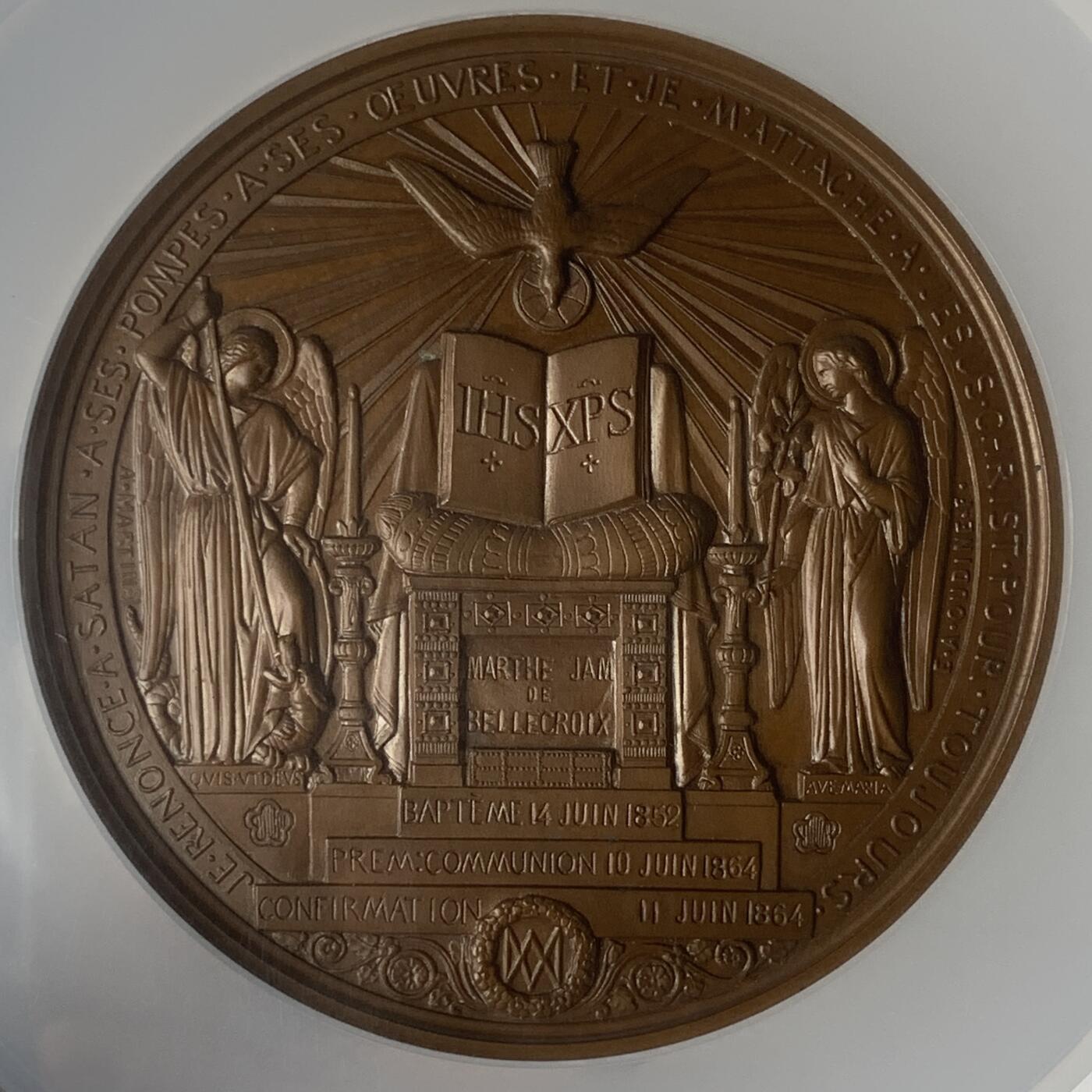 掌中浮雕-藏着的欧洲第045场 NGC-MS65 ：1864年法国宗教纪念青铜章，69mm