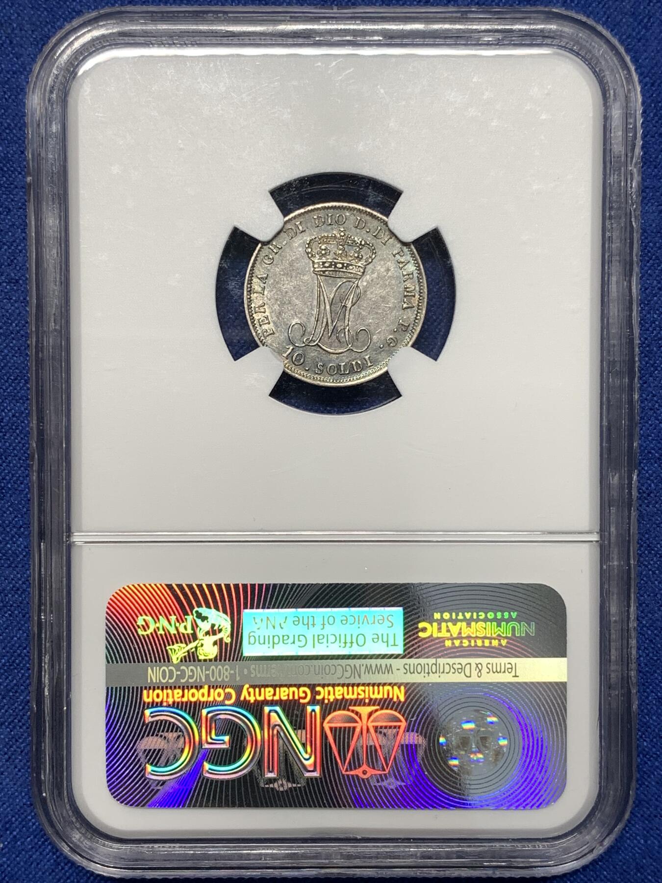 《竞宝斋》第446场 周日，周一，2场连拍 （全场包邮） NGC AU53 帕尔马公国 1815年 10索尔 银币 玛丽路易丝（拿皇妻子）在位时期发行 温润原光 细节极佳 已有淡彩包浆 拿系币必备 稀缺热门品种
