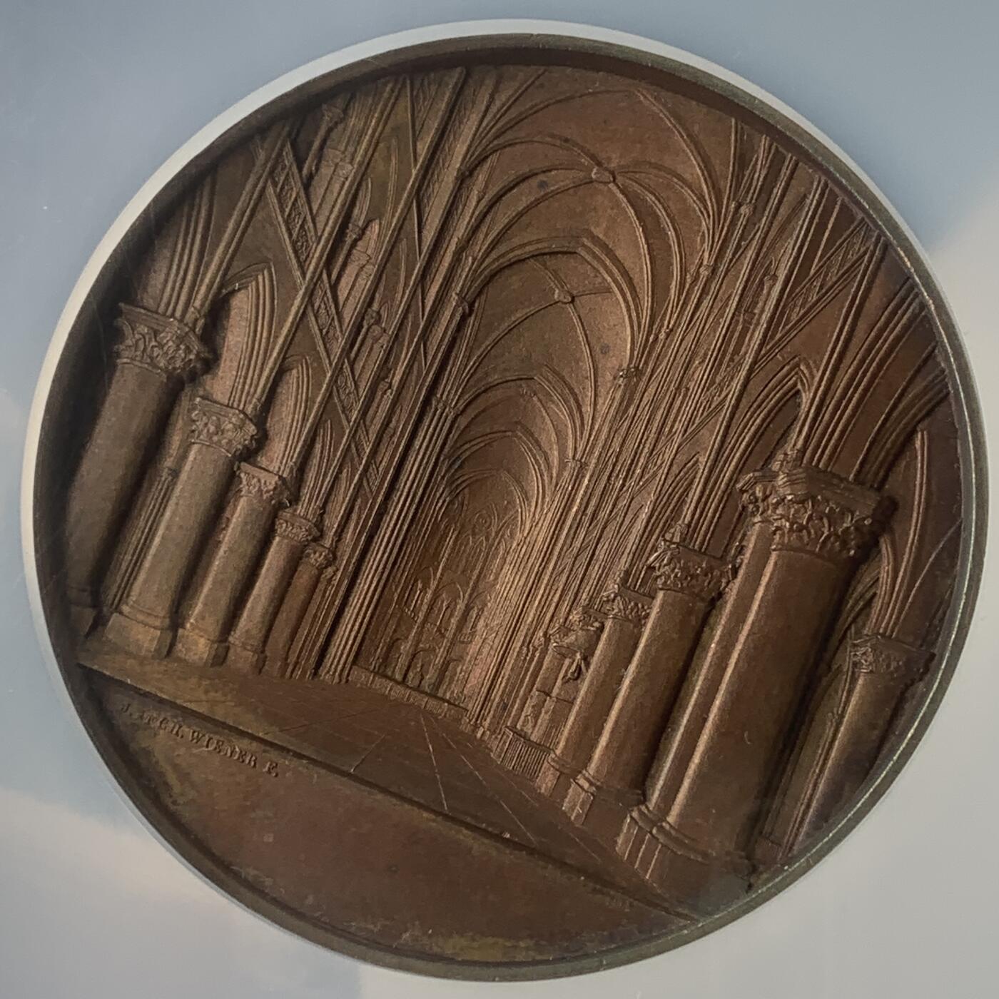 掌中浮雕-藏着的欧洲第045场 NGC MS62 : 1855年法国巴黎圣母院铜章 ,59mm，大师维纳教堂系列中稀少品种