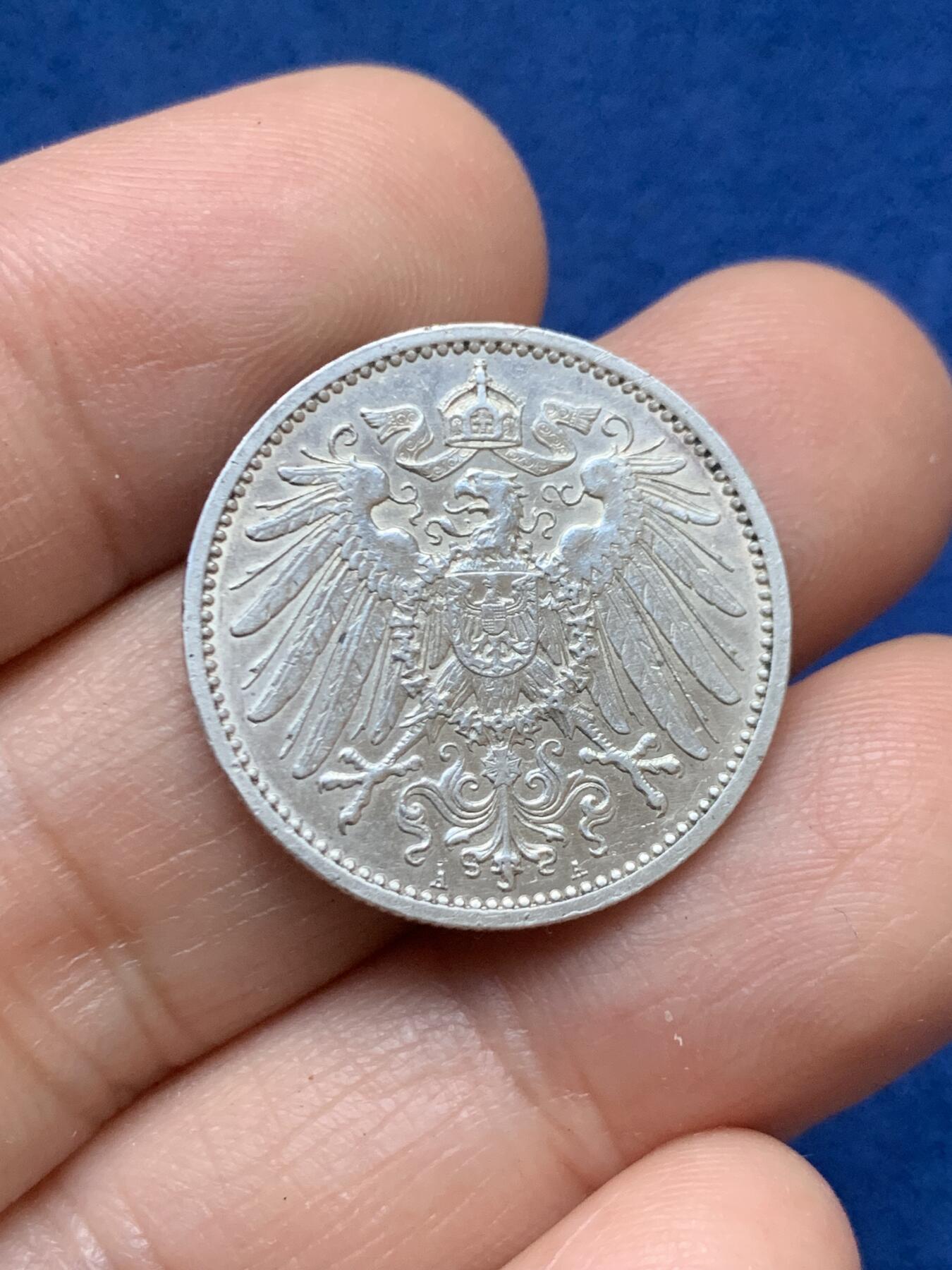 《竞宝斋》第446场 周日，周一，2场连拍 （全场包邮） 德国 1914年 1马克 A厂标 银币