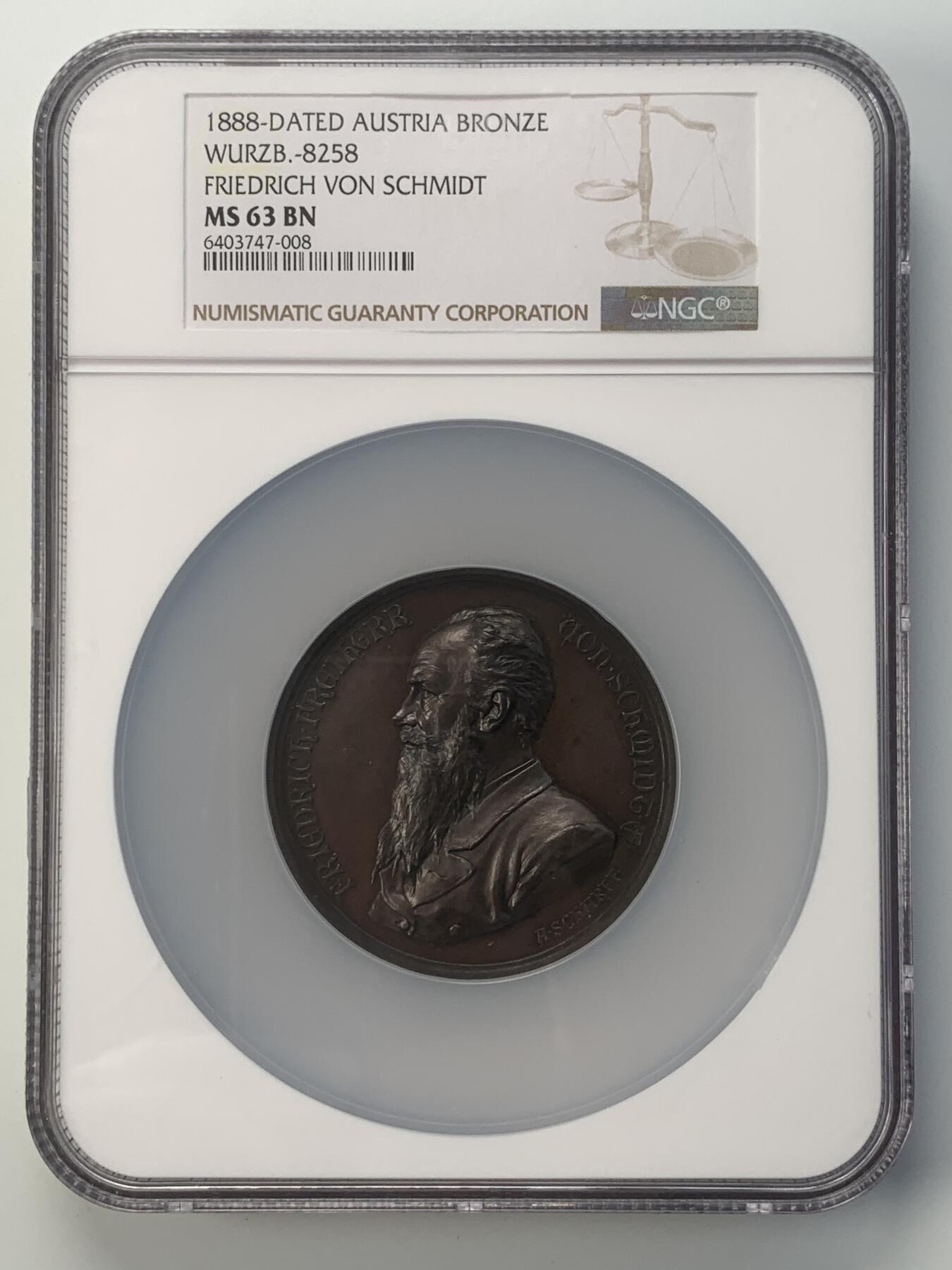 掌中浮雕-藏着的欧洲第045场 NGC MS63 : 1888 年维也纳圣史蒂芬大教堂落成 25 周年纪念，58mm，正面为建筑师弗里德里希·弗赖赫尔·冯·施密特。奥地利章牌艺术大师安东·沙夫（A.Scharff）设计作品