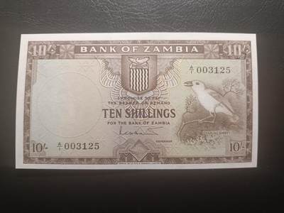 2025十二月第二期，总207期 - 赞比亚1964版10先令AUNC首冠A/1千位号3125无47，查氏拟啄木鸟和农耕，稀有的独立后首版