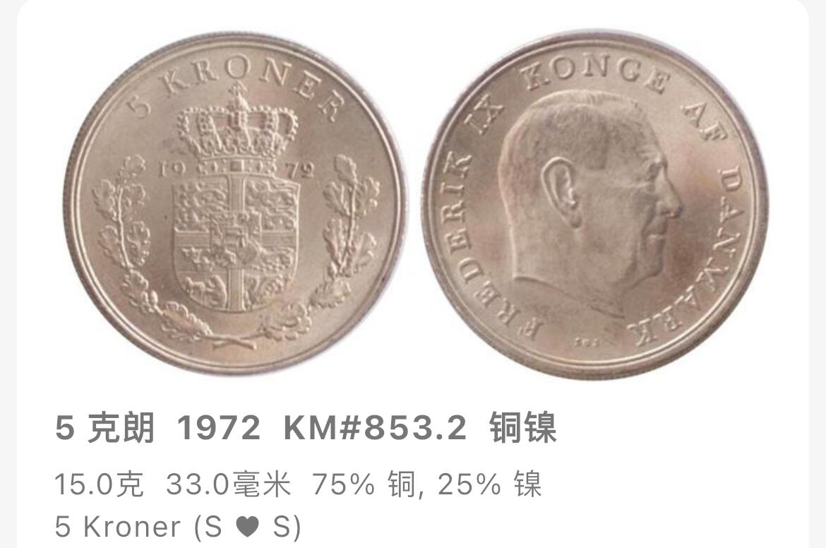 回流1208 丹麦1972年5克朗 国王弗雷德里克九世 1972年国王最后一年 发行量最少