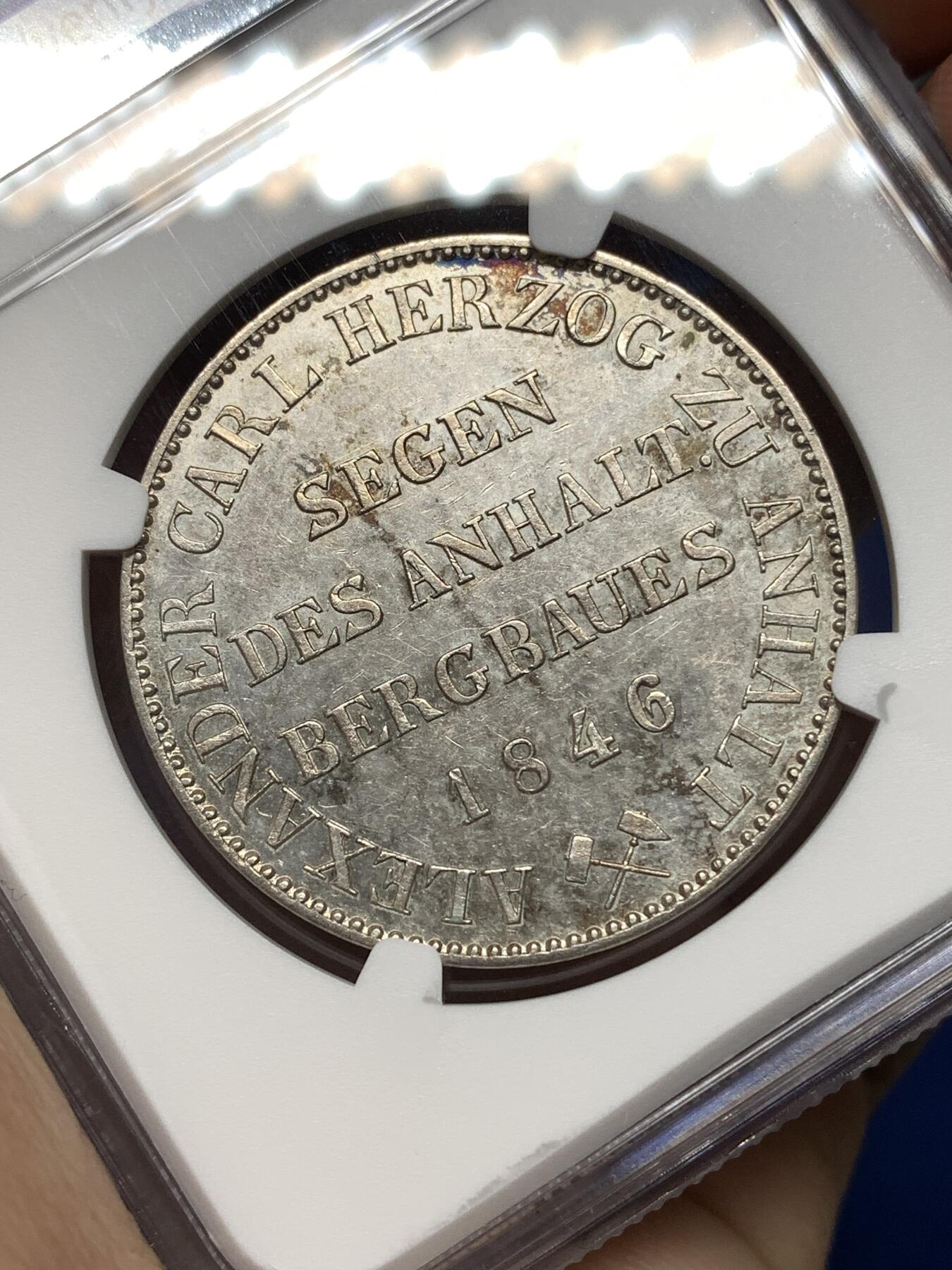 《竞宝斋》第446场 周日，周一，2场连拍 （全场包邮） NGC AU 德国 1846A 安哈特伯恩堡小熊爬墙经典泰勒银币