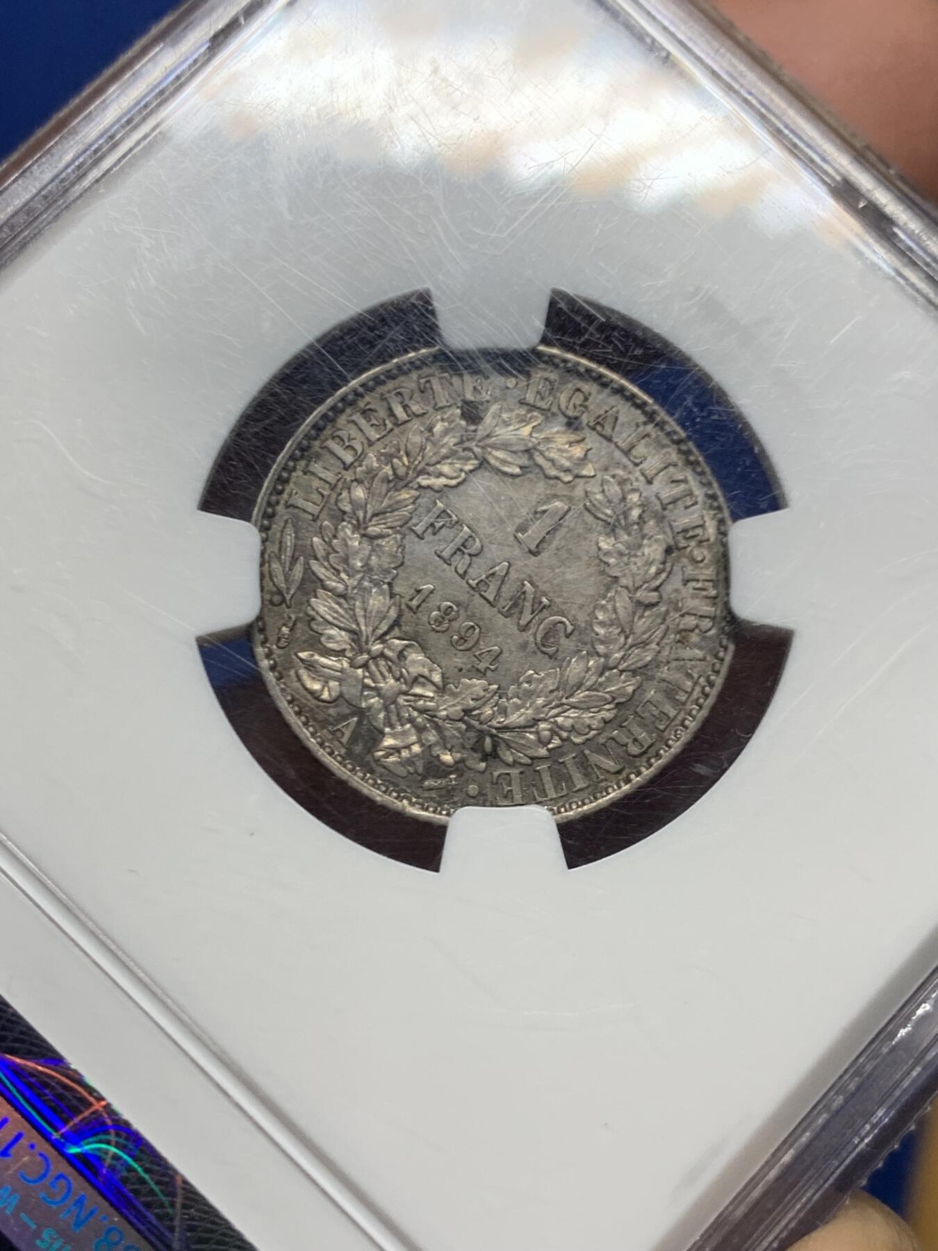 《竞宝斋》第446场 周日，周一，2场连拍 （全场包邮） NGC AU58 法国1894年A版谷物女神1法郎银币 原味淡彩