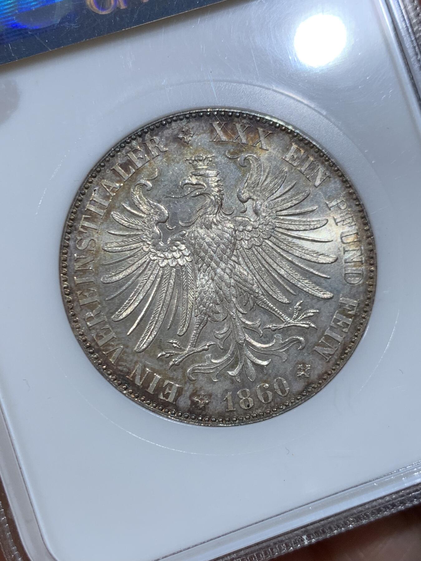 《竞宝斋》第446场 周日，周一，2场连拍 （全场包邮） NGC MS63 德国1860年法兰克福少女泰勒银币 季军分