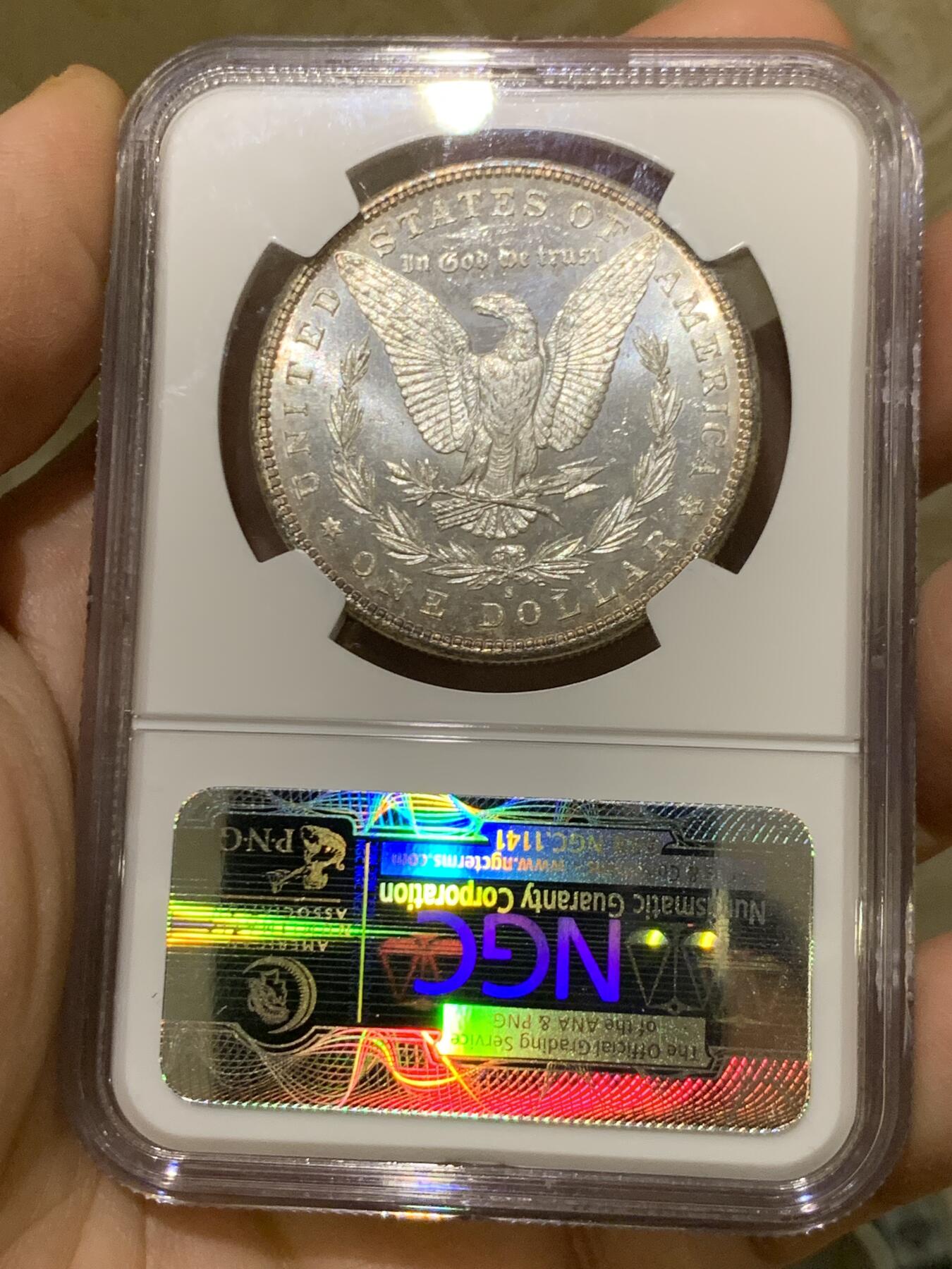 《竞宝斋》第446场 周日，周一，2场连拍 （全场包邮） NGC MS65PL 美国 1881年 1美元 摩根币 高分+PL类精致 超强转光 六位数编号老盒 收藏佳品