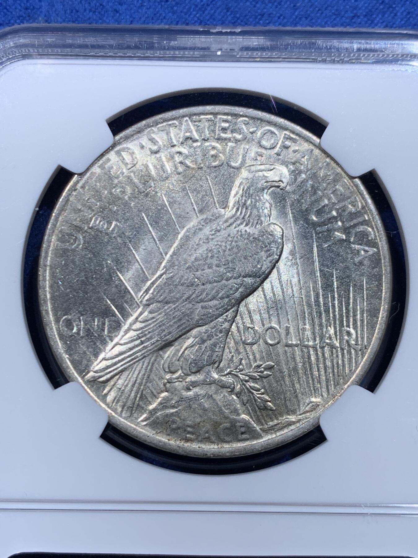 《竞宝斋》第446场 周日，周一，2场连拍 （全场包邮） NGC MS63 美国1923年和平银元，原光品相，在金银价格飙涨的今天，是投资保值的利器。盒子上沿有磕，不影响币，细节见图。