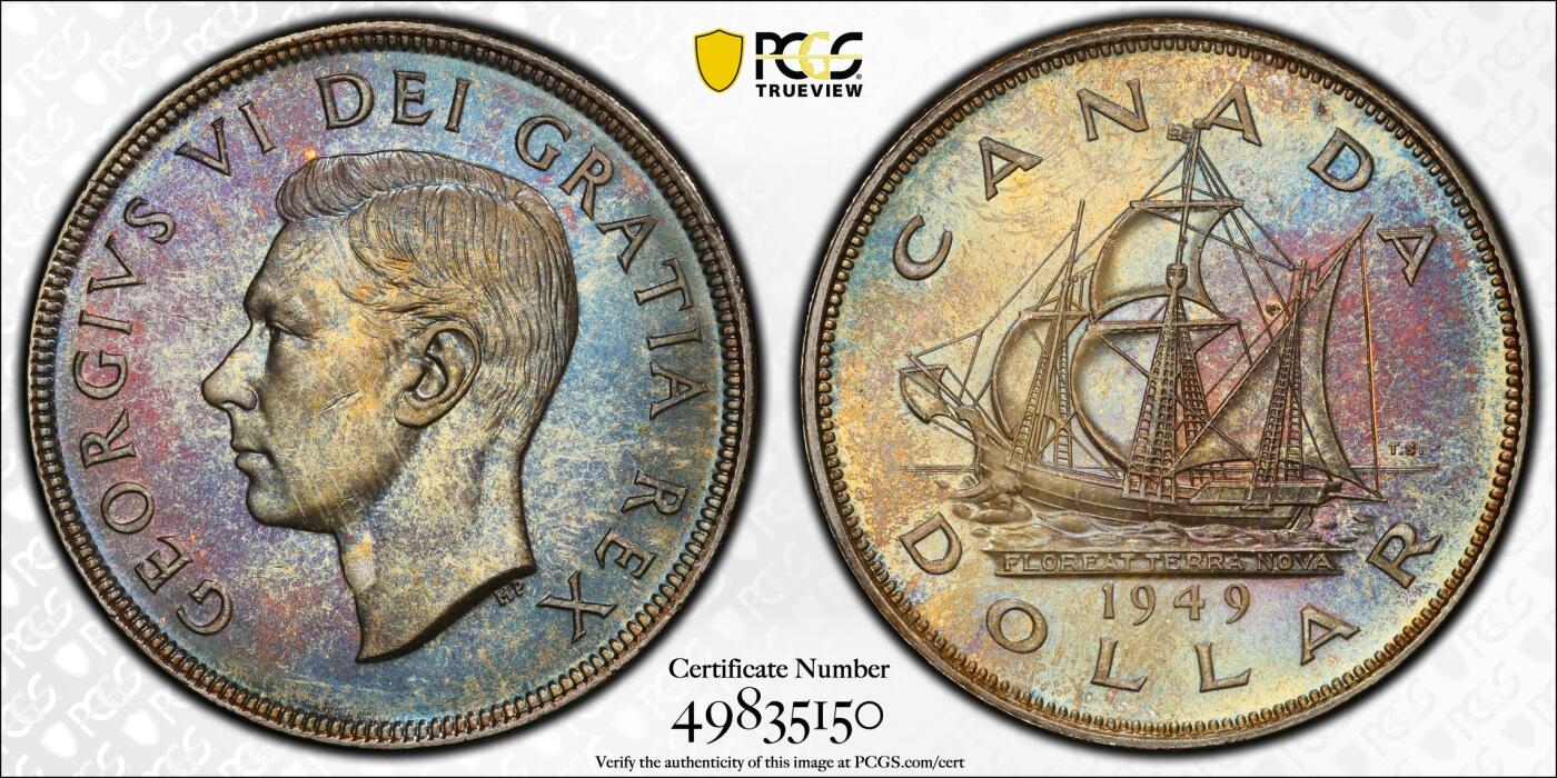 《竞宝斋》第445场 周日，周一，2场连拍 （全场包邮） PCGS MS64 加拿大1949年乔治六世帆船1元银币 炫丽五彩包浆