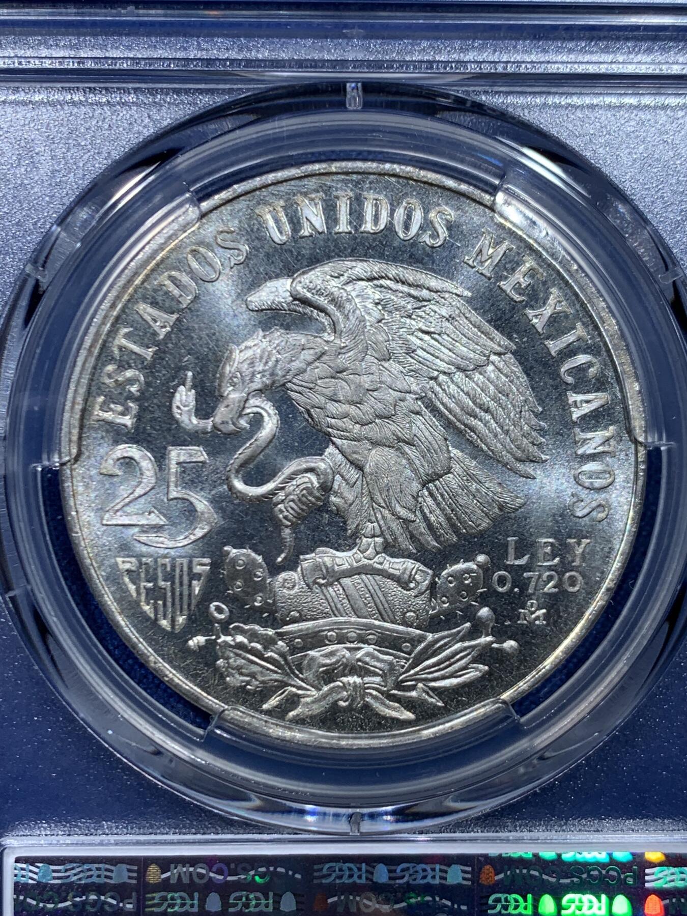 《竞宝斋》第446场 周日，周一，2场连拍 （全场包邮） PCGS MS65 墨西哥1968年25比索银币，奥运纪念经典品种卷拆品高分，两面爆光银光赏心悦目适合收藏