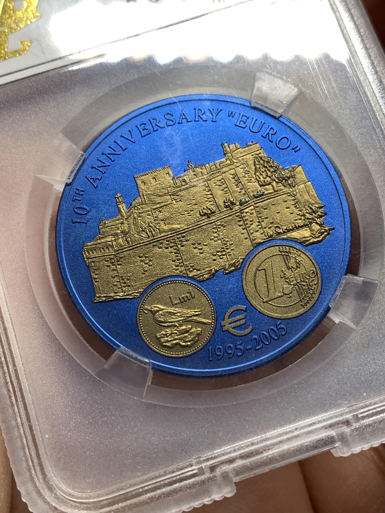 《竞宝斋》第446场 周日，周一，2场连拍 （全场包邮） TQG MS69 利比里亚2006年5元蓝铌币 欧元10周年纪念-马耳他 7.78克 发行量：1万