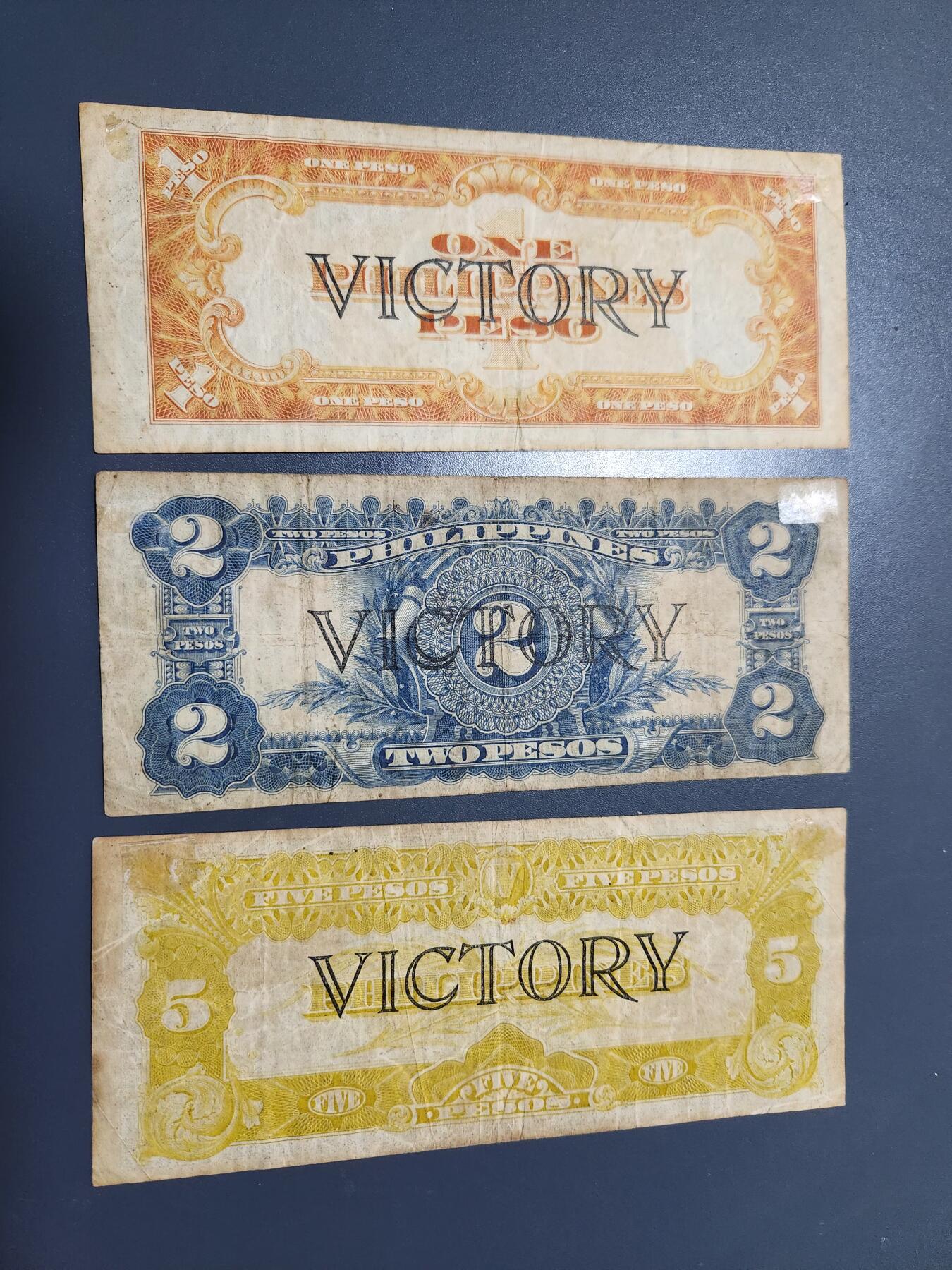 12月10号晚上8点 外国纸币自动截拍第71场 菲律宾 1-2-5比索 1944年 加印VICTORY【胜利】美品一套