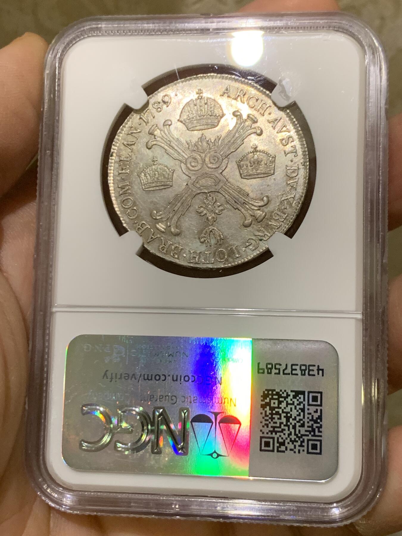 《竞宝斋》第446场 周日，周一，2场连拍 （全场包邮） 唯一冠军分 NGC MS62 奥属尼德兰 1789年 约瑟夫二世 1/2泰勒银币 全深打在这个品类上已经很难得了 包浆也好