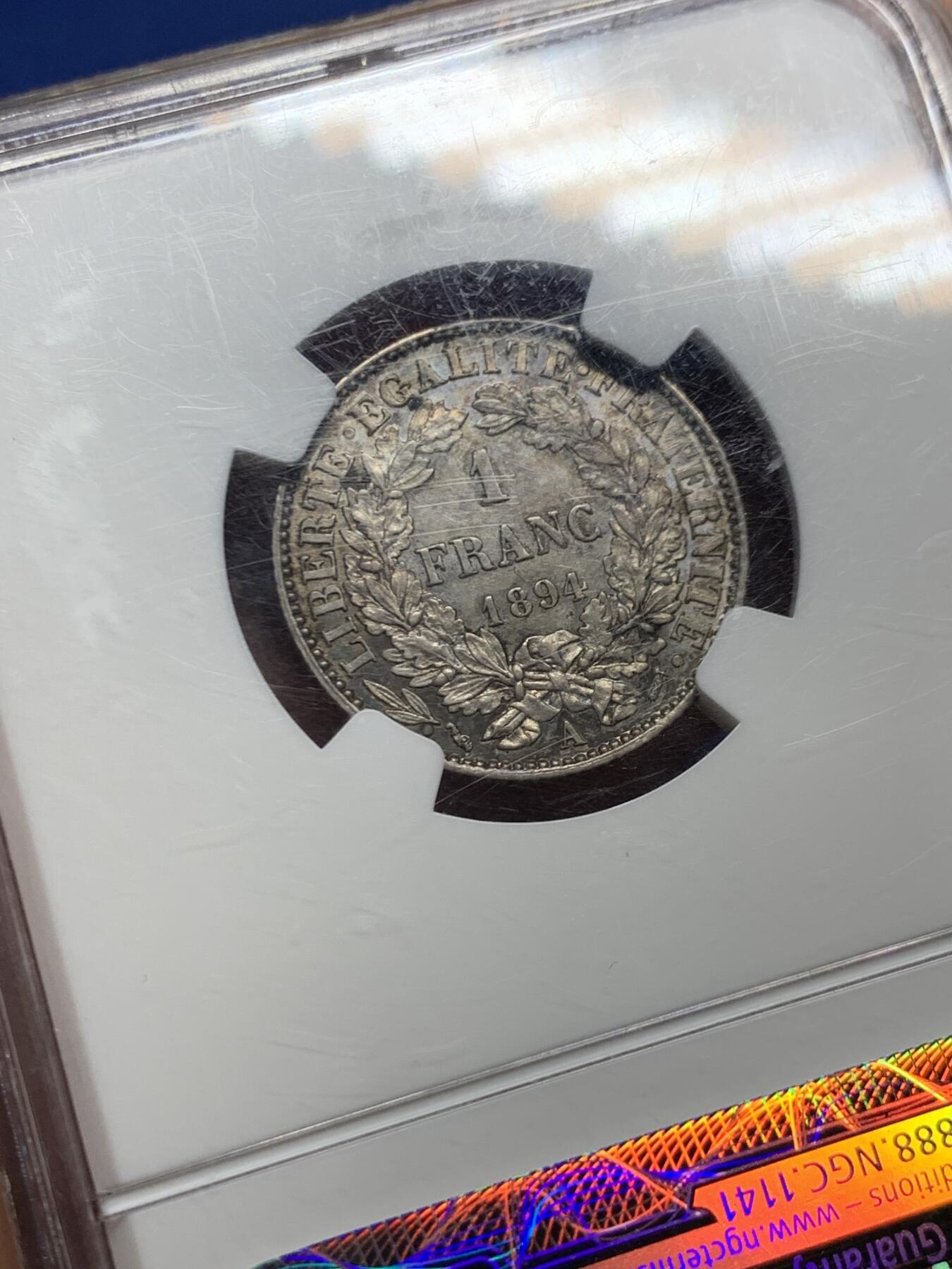 《竞宝斋》第446场 周日，周一，2场连拍 （全场包邮） NGC AU58 法国1894年A版谷物女神1法郎银币 原味淡彩