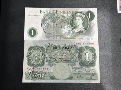 《外钞收藏家》第五百九十二期（精选场）（本平台长期征集拍品、欢迎藏友们联系合作） - 英国A和C序列1镑 2张一起 非全新 品相如图