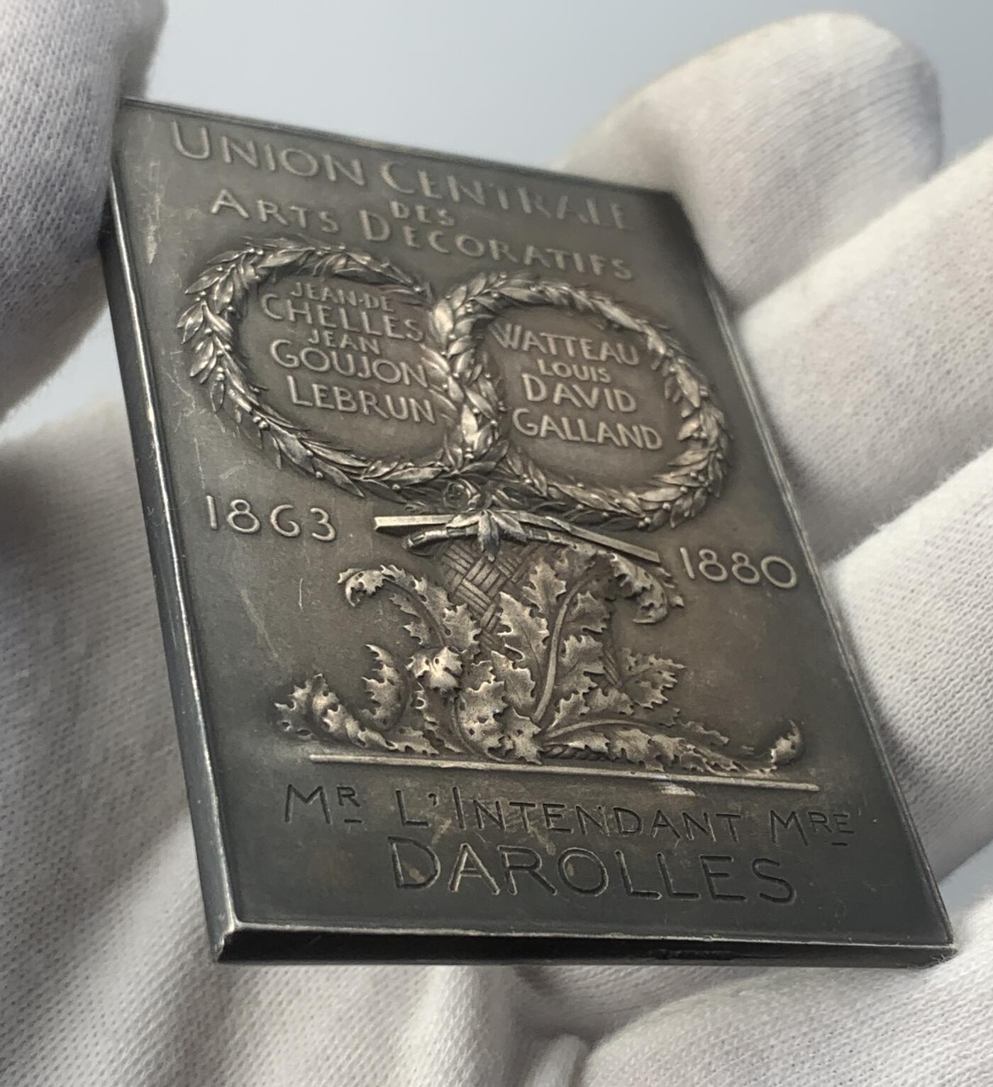 掌中浮雕-藏着的欧洲第045场 1880年法国装饰艺术联盟镀银铜章  ，67 X 47mm，章牌大师奥斯卡.罗蒂Oscar Roty（1846-1911）作品