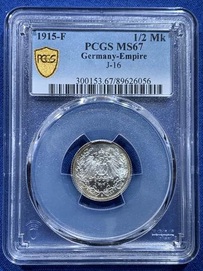 《竞宝斋》第446场 周日，周一，2场连拍 （全场包邮） - PCGS MS67 德国1915年1/2马克银币 F厂铭 高分难得 强转光品相