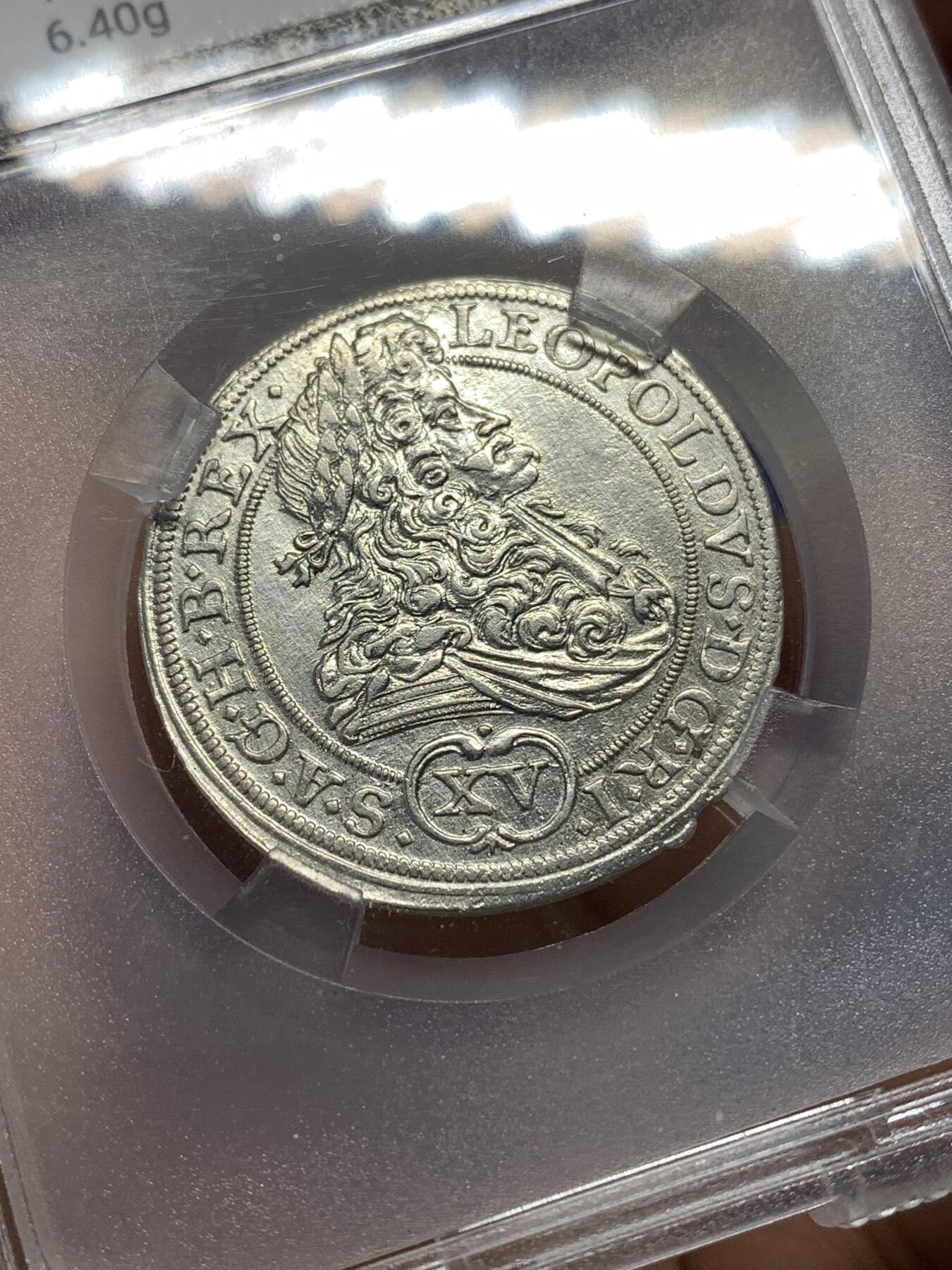 《竞宝斋》第446场 周日，周一，2场连拍 （全场包邮） TQG AUD 神圣罗马帝国 波希米亚王国 利奥波德一世 1694年 15克鲁泽打制银币 全深打 收藏一步到位 神罗币经典稀缺品种