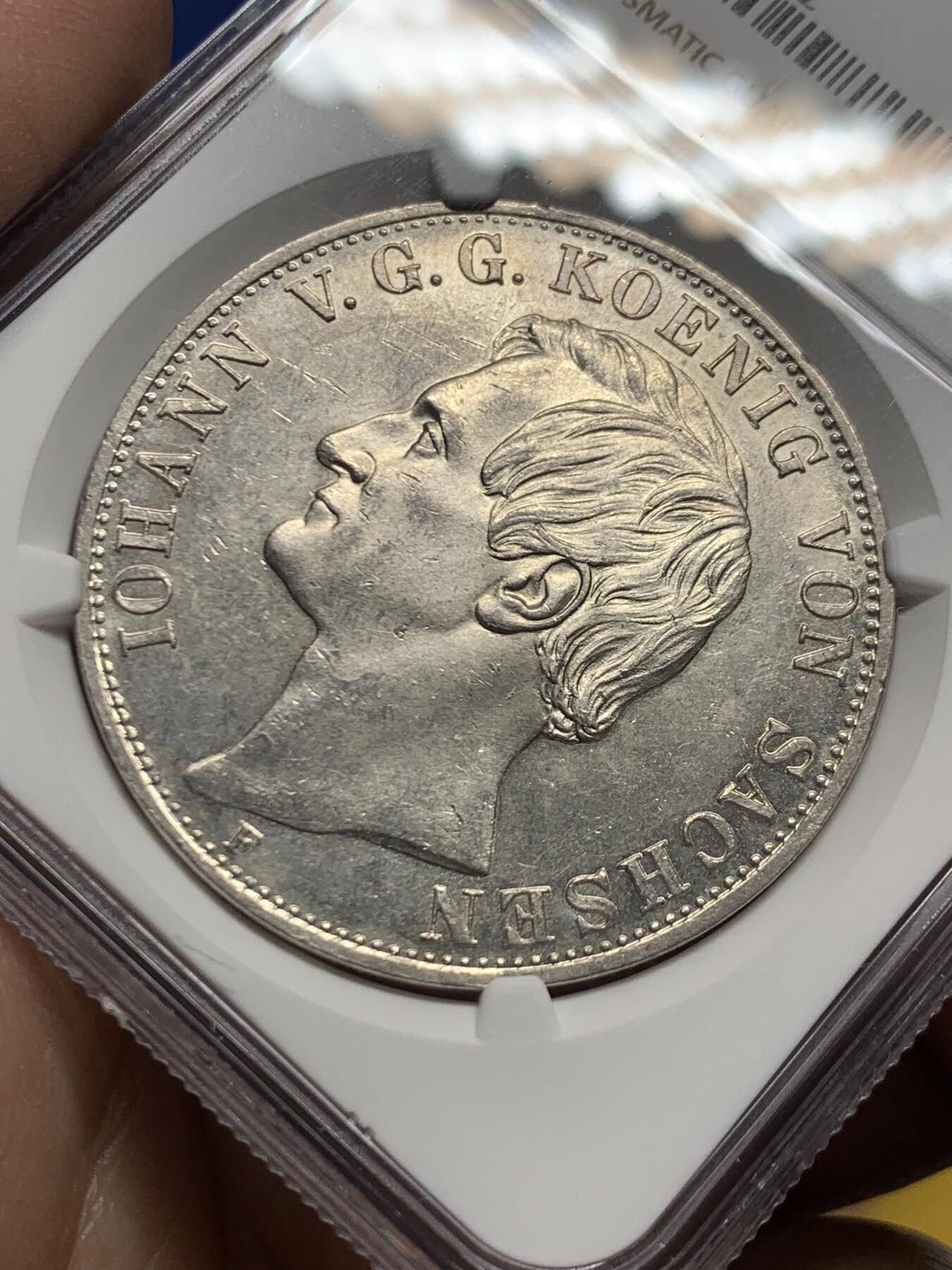 《竞宝斋》第446场 周日，周一，2场连拍 （全场包邮） 季军分 NGC MS62 德国 1855年 萨克森王国 约翰一世 2泰勒37克的大银币 仅发行两年 值得入手 手感十足