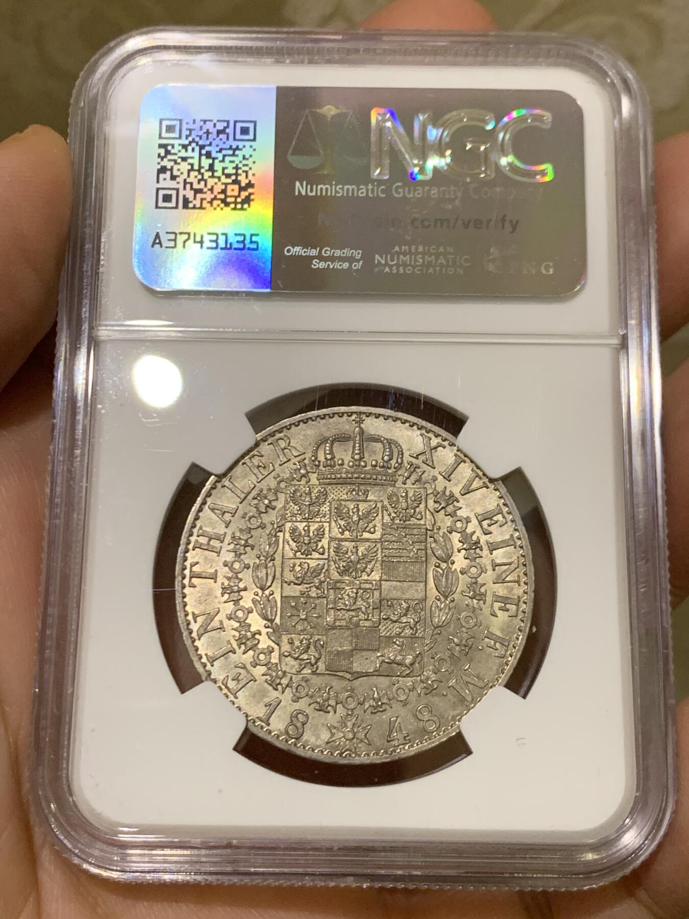 《竞宝斋》第446场 周日，周一，2场连拍 （全场包邮） 冠军分 NGC MS63 德国 1848年 普鲁士  腓特烈·威廉四世 泰勒银币 顶级状态