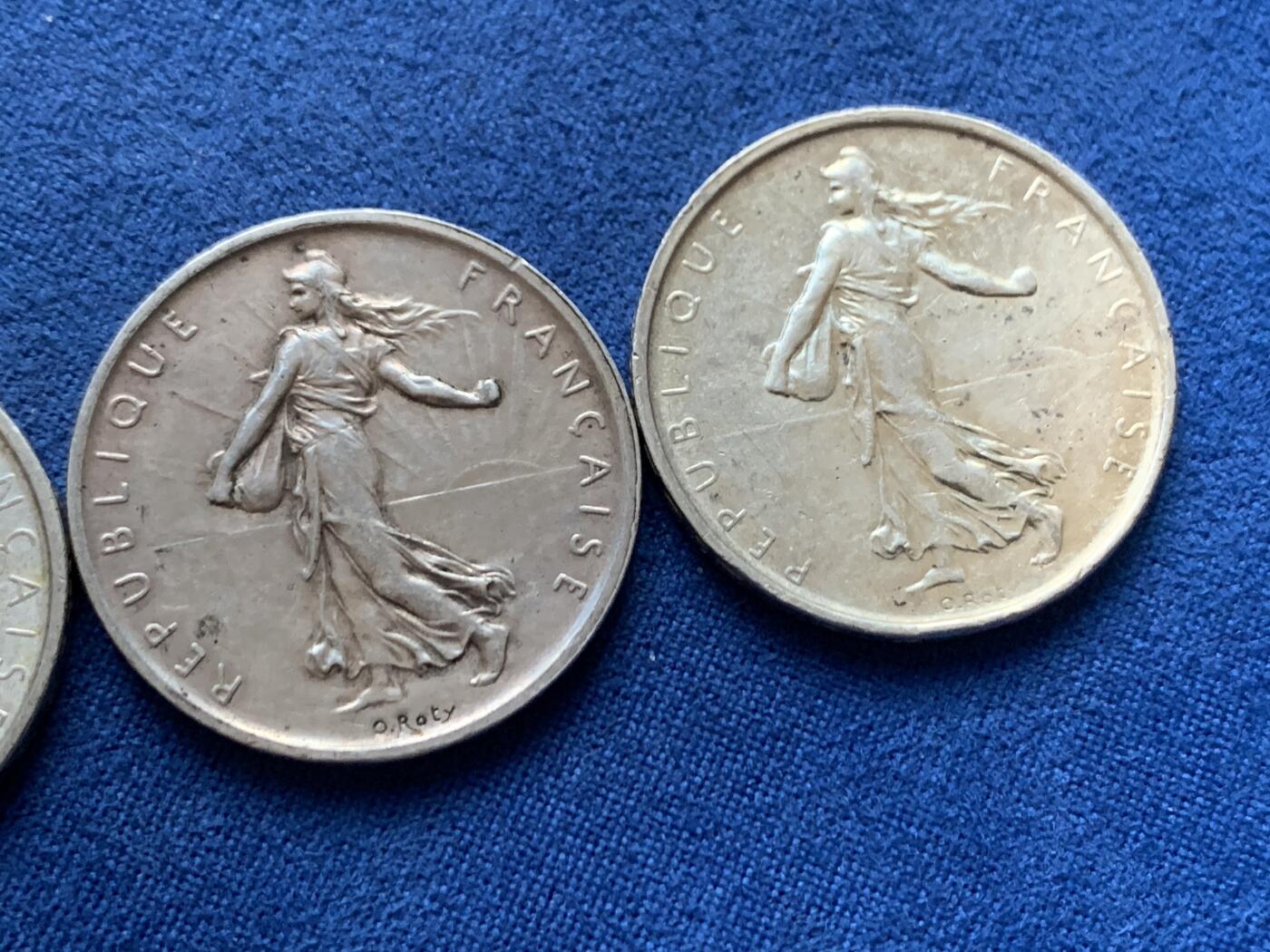 《竞宝斋》第446场 周日，周一，2场连拍 （全场包邮） 三枚一组 法国1960/1962/1963年播种女神5法郎银币 总重约36克