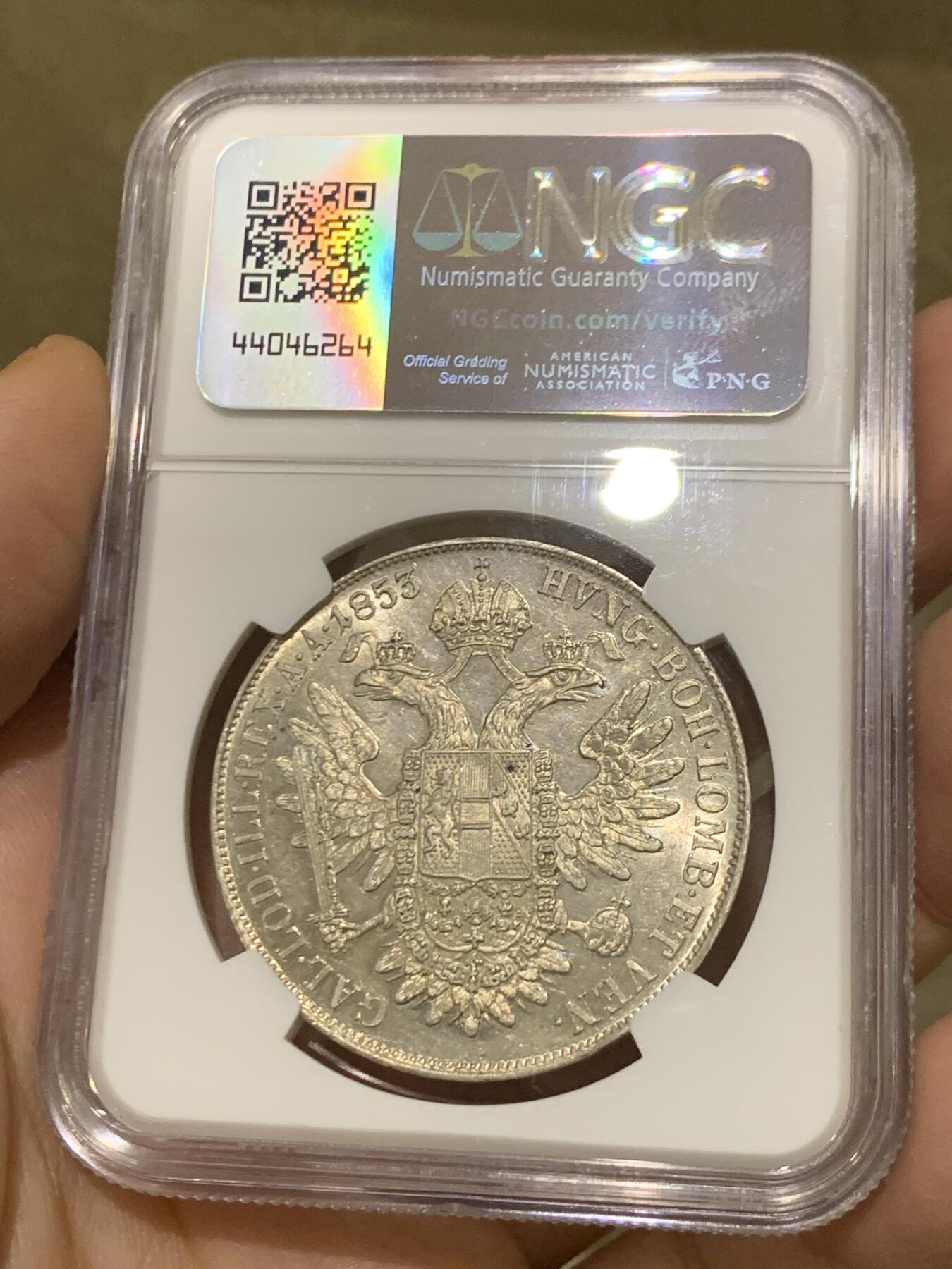 《竞宝斋》第446场 周日，周一，2场连拍 （全场包邮） NGC MS62 奥地利帝国1853年弗兰茨约瑟夫一世协议1泰勒 最稀少的头像版本 更高分只有4枚