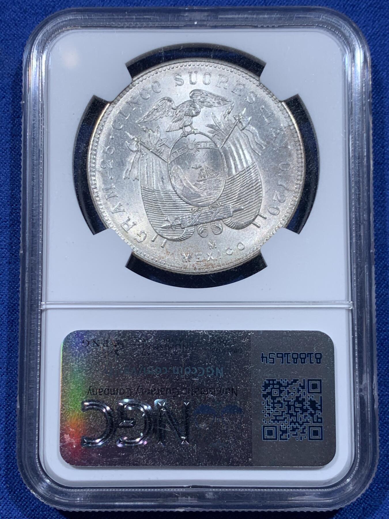 《竞宝斋》第446场 周日，周一，2场连拍 （全场包邮） NGC MS63 厄瓜多尔1944年5苏克雷银币，墨西哥铸造，转光强烈细节优秀，状态极佳。