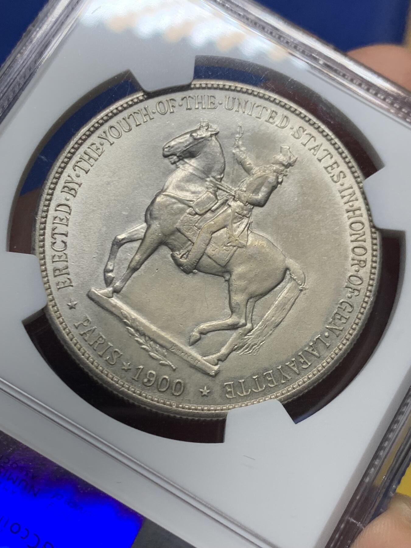 《竞宝斋》第446场 周日，周一，2场连拍 （全场包邮） NGC AUD 美国1900年拉法耶特一美元纪念银币，美国首枚纪念DOLLAR，名誉品种