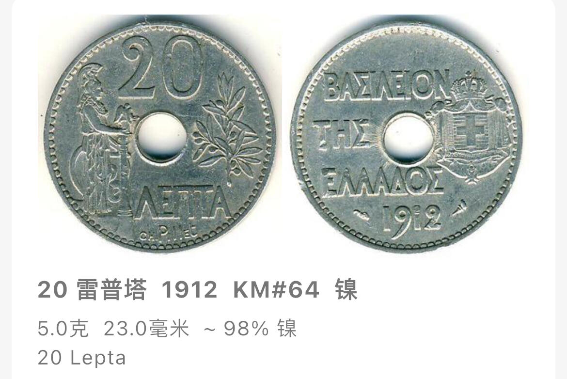 回流1208 希腊王国1912年20雷普塔中孔镍币 手持猫头鹰的雅典娜（希腊神话智慧女神，象征雅典）