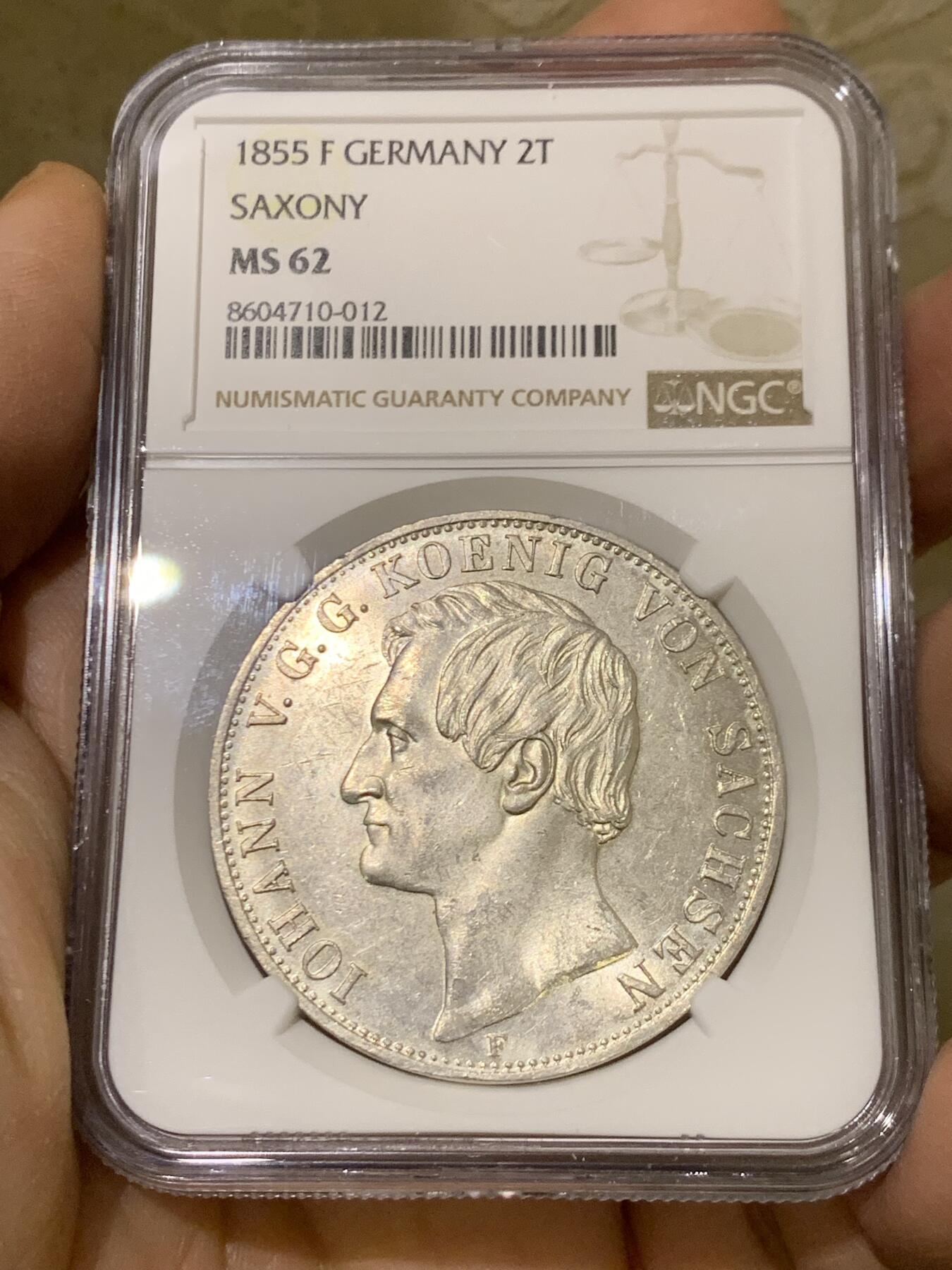 《竞宝斋》第446场 周日，周一，2场连拍 （全场包邮） 季军分 NGC MS62 德国 1855年 萨克森王国 约翰一世 2泰勒37克的大银币 仅发行两年 值得入手 手感十足