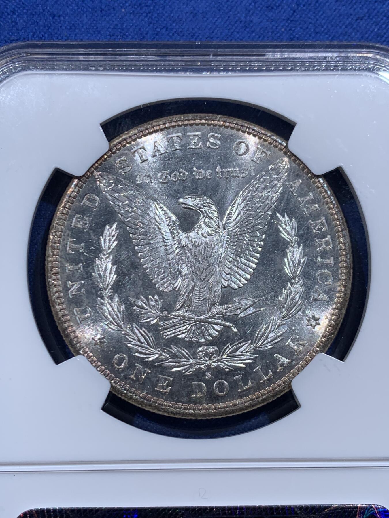 《竞宝斋》第446场 周日，周一，2场连拍 （全场包邮） NGC MS65PL 美国 1881年 1美元 摩根币 高分+PL类精致 超强转光 六位数编号老盒 收藏佳品