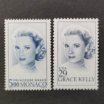 ↓君缘收藏675期☞钱币邮品↓无佣金、可寄存、满30元包邮  - 摩纳哥邮票和美国邮票联发，1993年好莱坞影星 摩纳哥王后格蕾丝·凯莉邮票斯拉尼亚雕刻2套2全