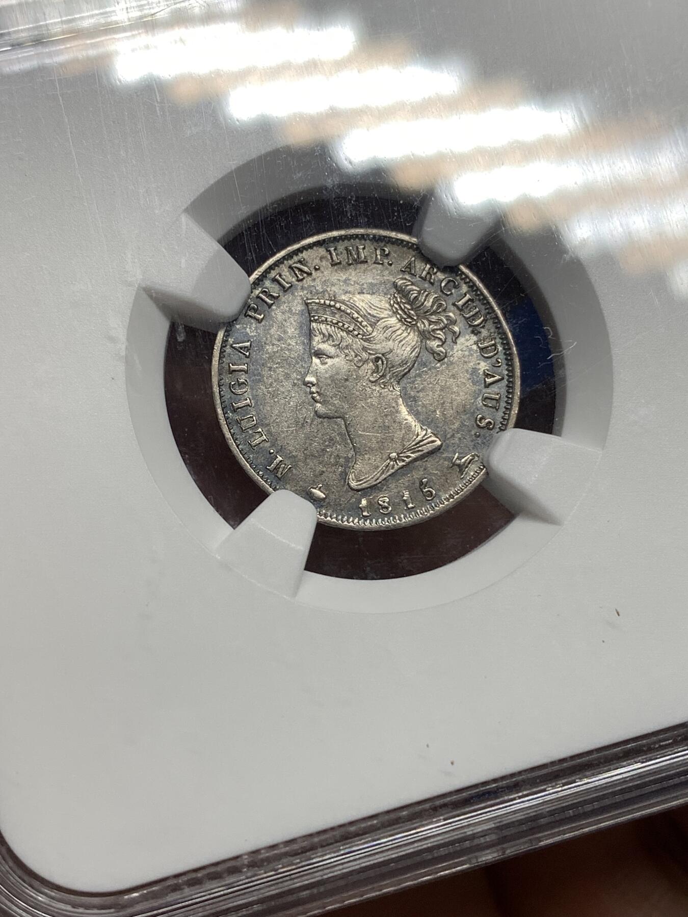 《竞宝斋》第446场 周日，周一，2场连拍 （全场包邮） NGC AU53 帕尔马公国 1815年 10索尔 银币 玛丽路易丝（拿皇妻子）在位时期发行 温润原光 细节极佳 已有淡彩包浆 拿系币必备 稀缺热门品种