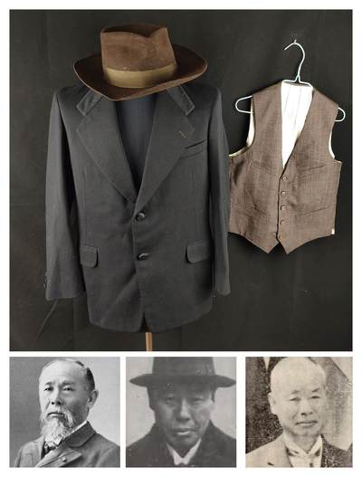 0元起拍勋章 第316期 咸鱼国勋章拍卖专场 12月7日（周日）下午6：00开始 - 美品 华族纯黑色小礼服西装上衣 黑色两粒扣背広+原主棕色马甲+民国青岛定制费多拉帽 原主伊藤博文儿子 伊藤文吉氏 曾面见过安重根儿子历任农务省顾问、农商省林业局秘书、外务省秘书、首相秘书、军需省顾问、日本矿业社社长 袖长57，衣长71，胸围98。