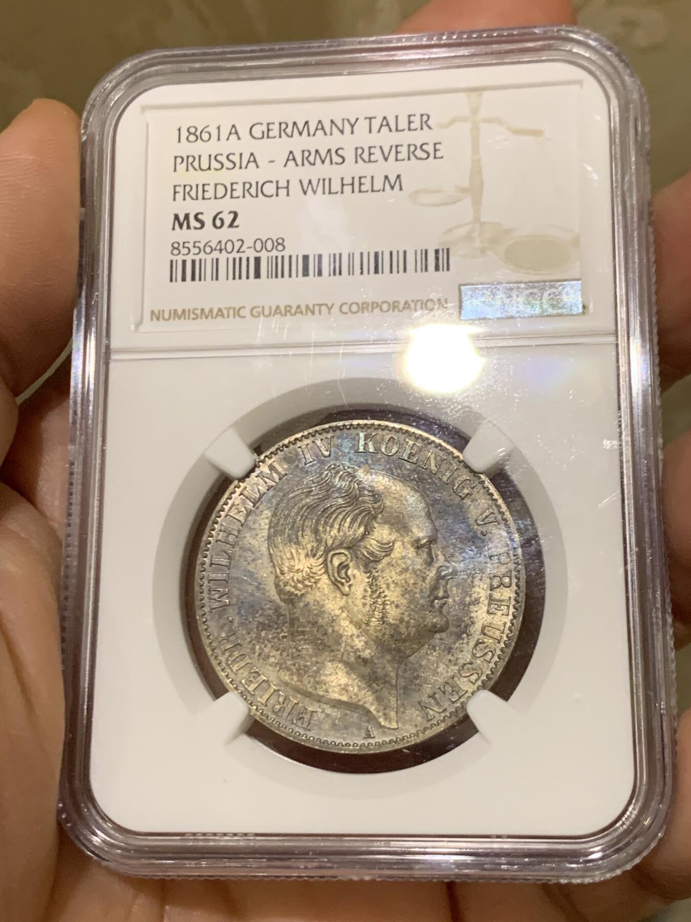 《竞宝斋》第446场 周日，周一，2场连拍 （全场包邮） NGC MS62 德国1861A普鲁士威廉四世-洋葱头1泰勒离冠鹰银币 季军分 好品
