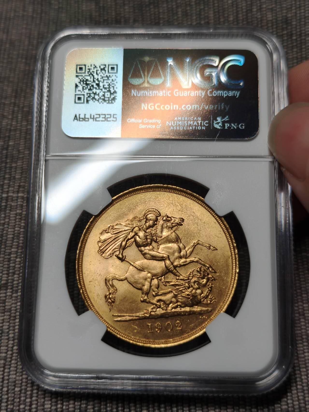 NGC评级MS62爱德华七世5镑金币5索维林马剑金币