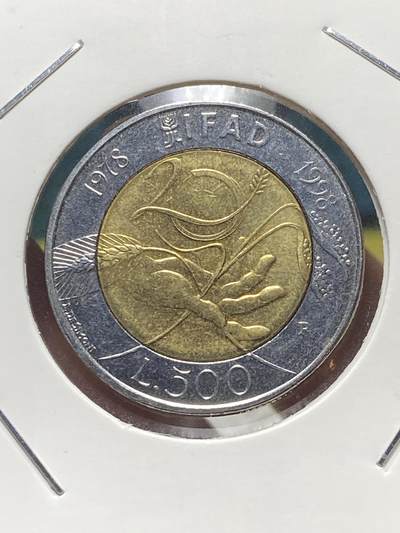 2025年第一百三十四场(总第一百六十场）外国好品纸夹散币场(免佣金) - 意大利🇮🇹1998单年份500里拉(FAO，国际农业发展基金20周年纪念币)