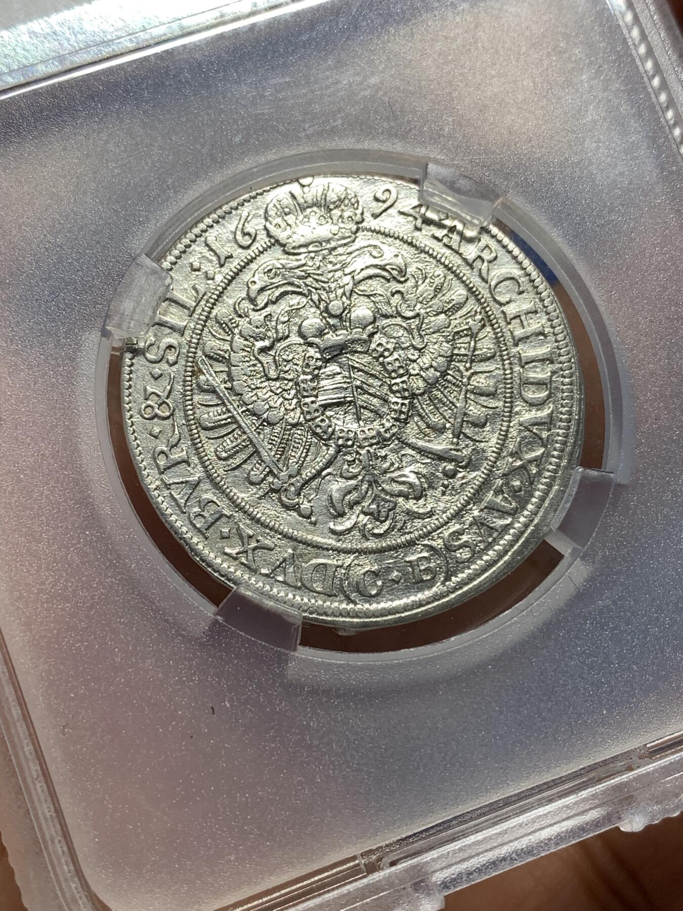 《竞宝斋》第446场 周日，周一，2场连拍 （全场包邮） TQG AUD 神圣罗马帝国 波希米亚王国 利奥波德一世 1694年 15克鲁泽打制银币 全深打 收藏一步到位 神罗币经典稀缺品种