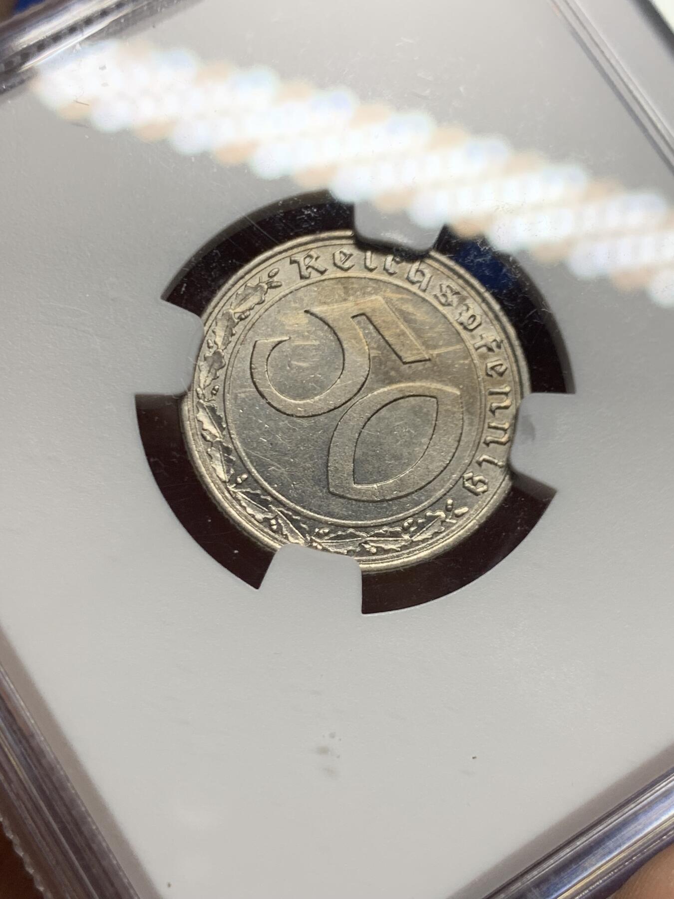 《竞宝斋》第446场 周日，周一，2场连拍 （全场包邮） NGC UNCD 德国1938年帝国50芬妮镍币，传说重大回炉坦克币，带风车标。