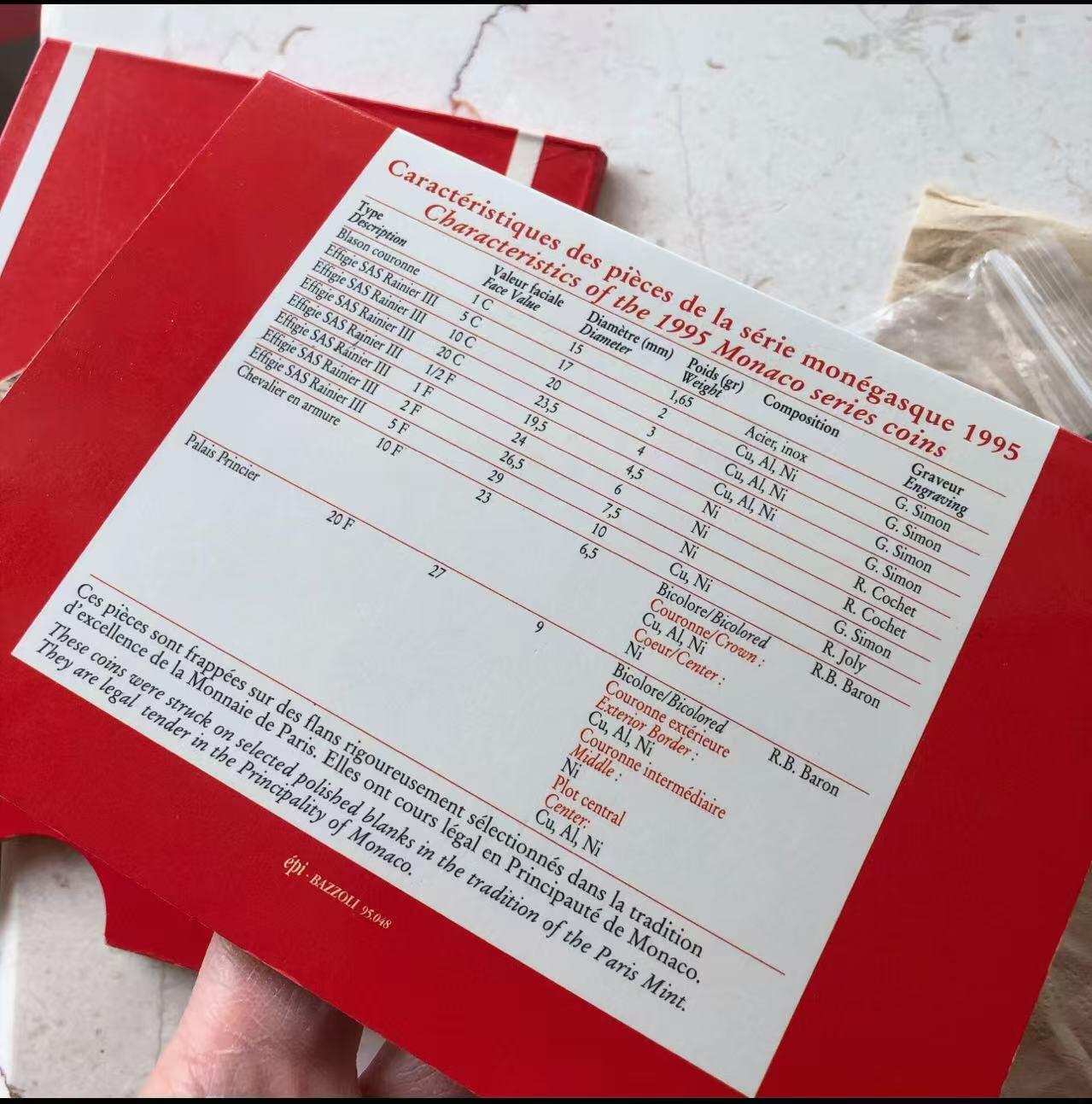 《外钞收藏家》第五百九十二期（精选场）（本平台长期征集拍品、欢迎藏友们联系合作） 【稀少官方原册】1995年摩纳哥精制币全套清年份！