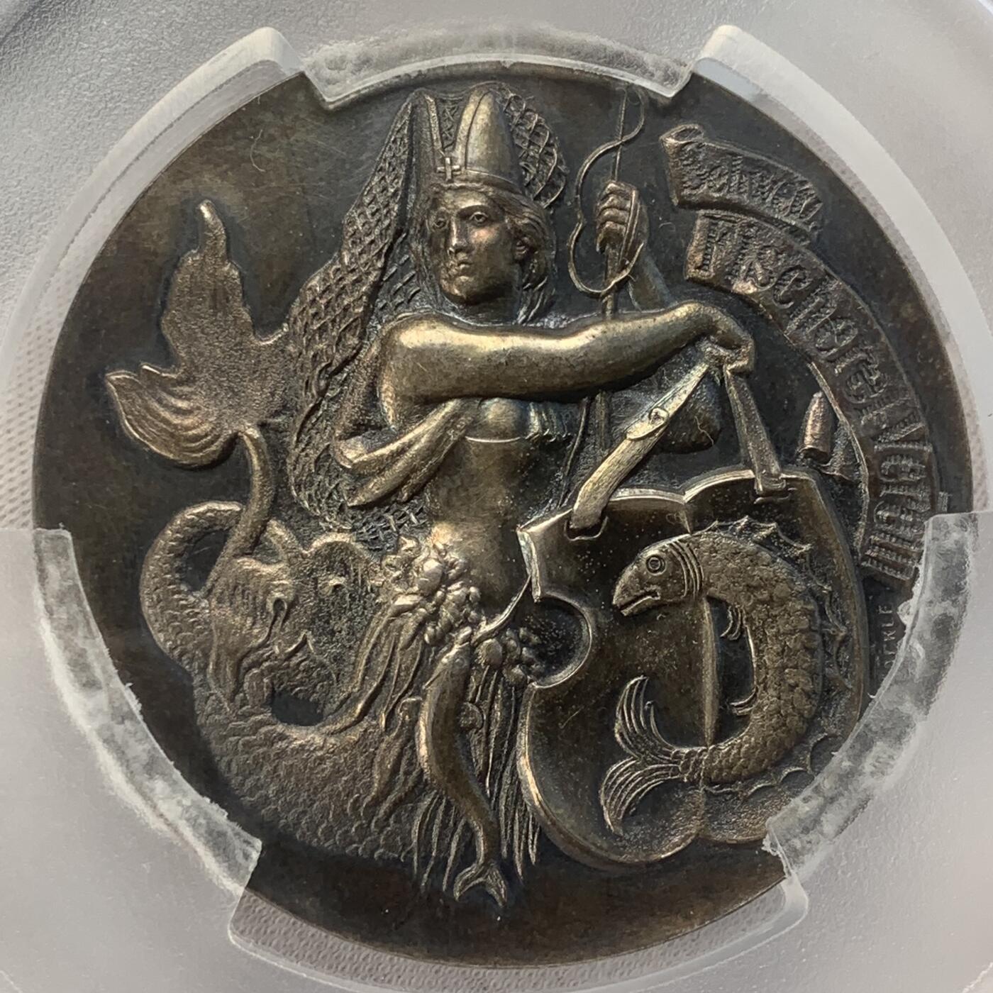 掌中浮雕-藏着的欧洲第045场 PCGS MS62 : 1894年瑞士钓鱼协会银章，55mm，图案精美